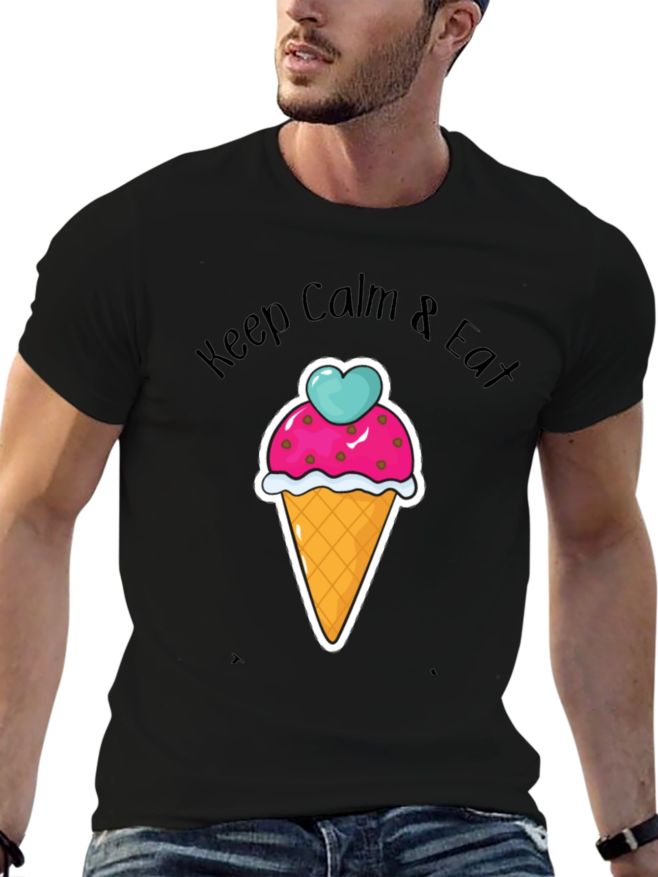 Black Keep Calm Eat Ice Cream Graphic T-Shirt - Black Cotton Tee view 6