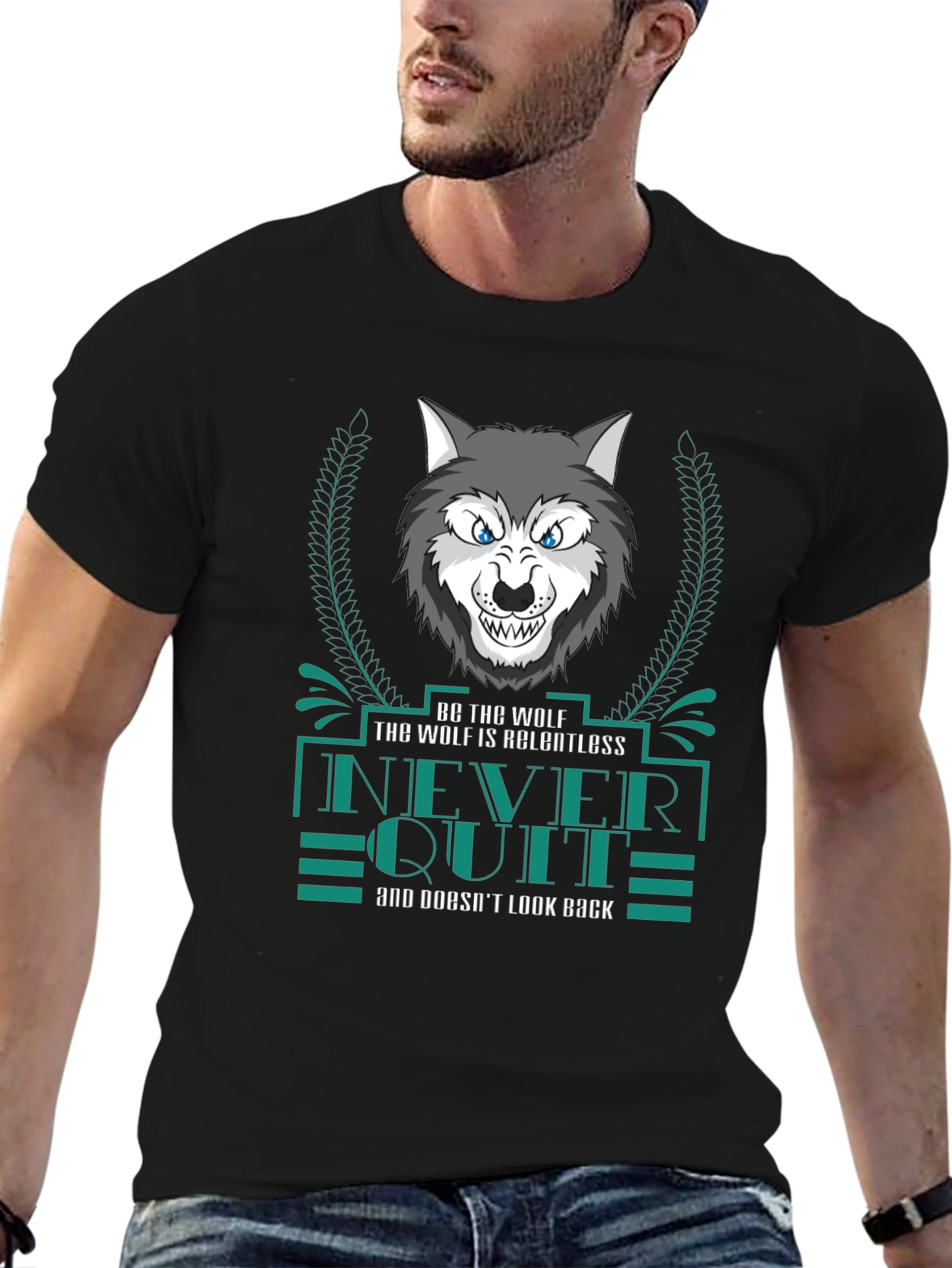 Black Relentless Wolf Graphic Print Men's Black T-Shirt view 6