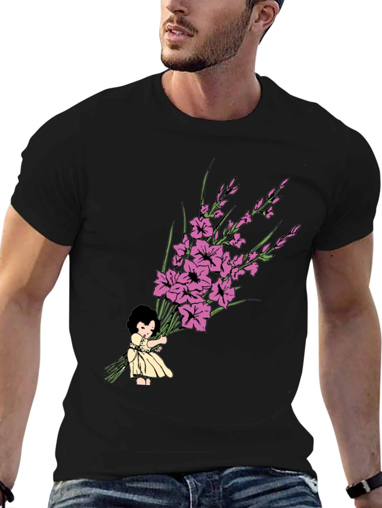 Girl Holding Flower Bouquet Graphic Tee - 6