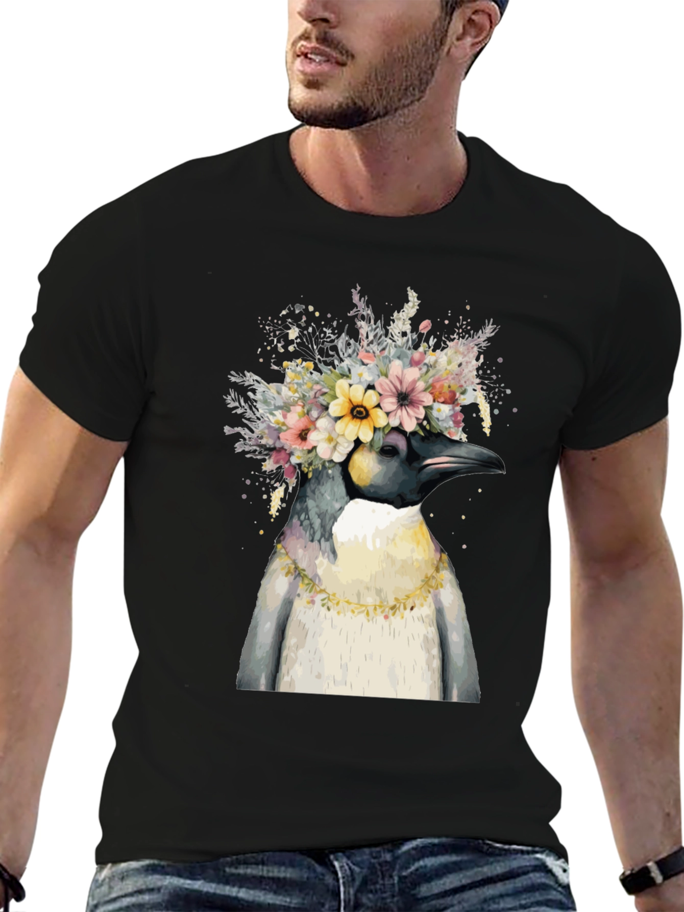 Black Penguin Floral Crown Black T-Shirt view 6