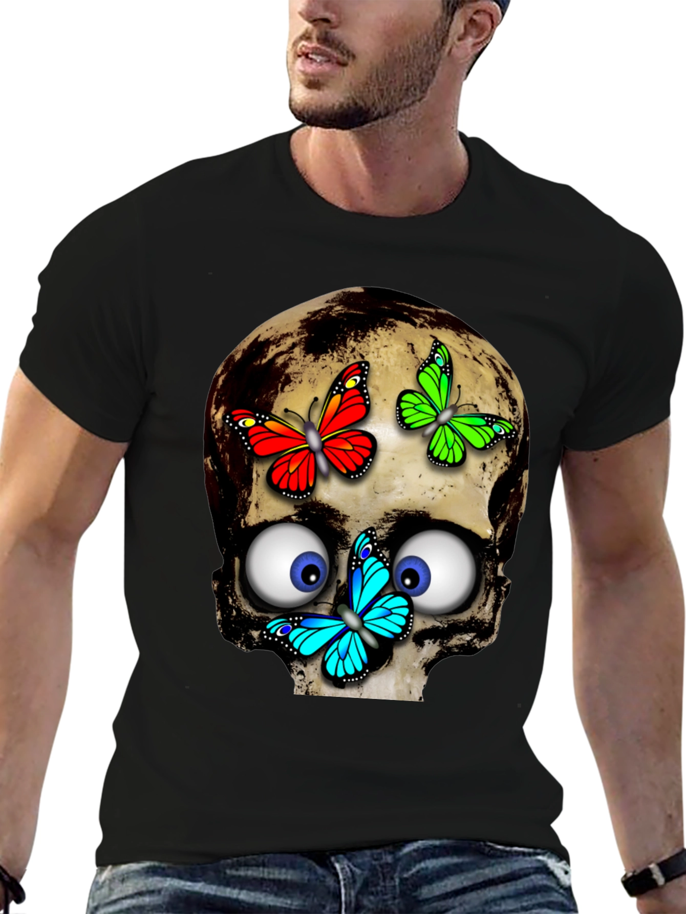 Black Skull & Butterflies Graphic Tee - Black view 6