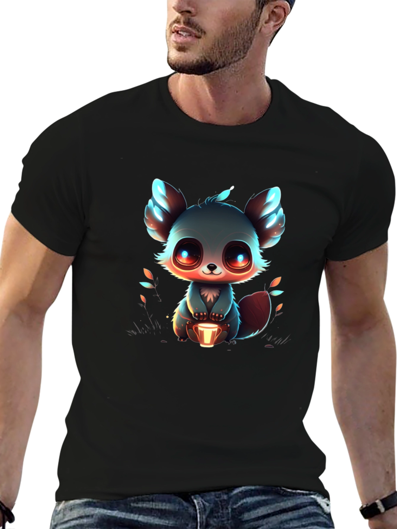 Black Cute Cartoon Animal Graphic Tee - Black view 6