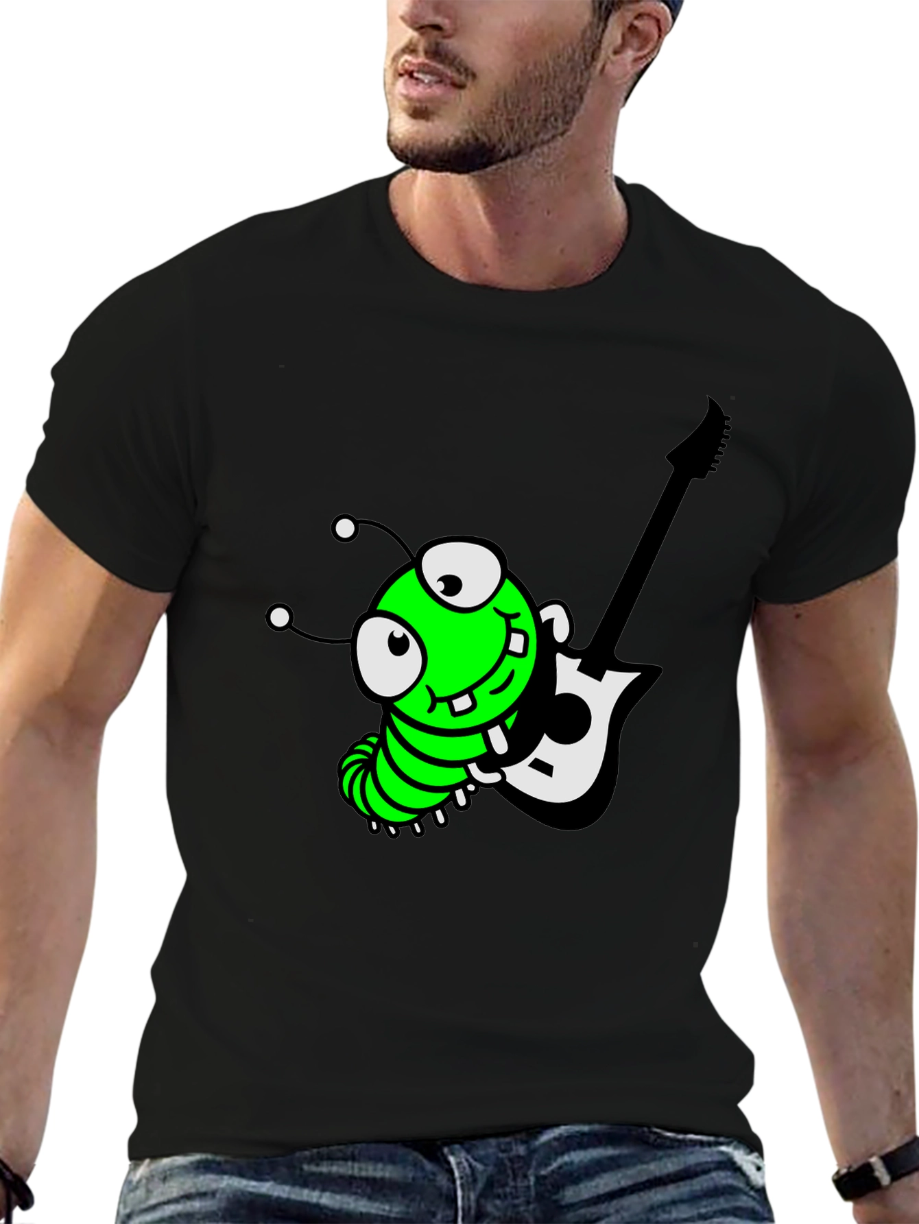 Black Cartoon Caterpillar Guitarist Graphic Tee view 6