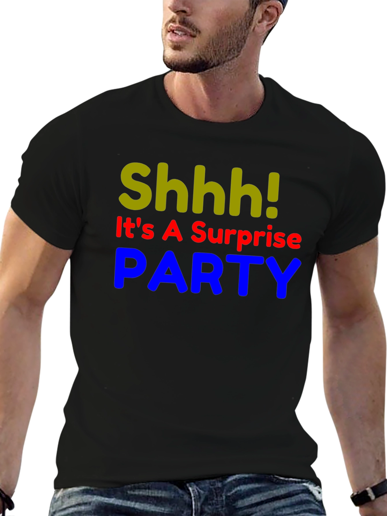 Black Surprise Party T-Shirt - Shhh! Funny Birthday Tee view 6