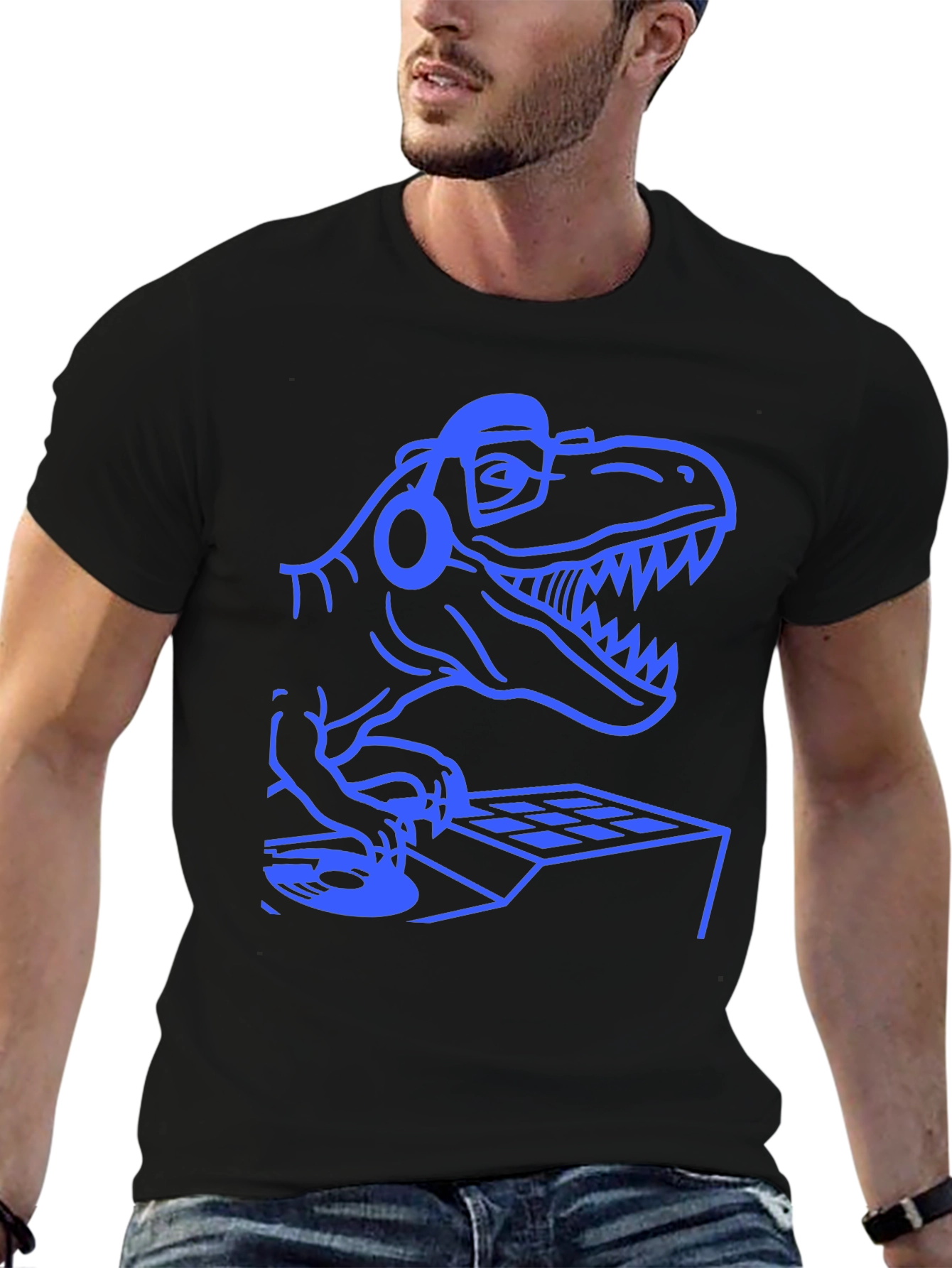 Black DJ Dinosaur Graphic Tee - Black Cotton T-Shirt view 6