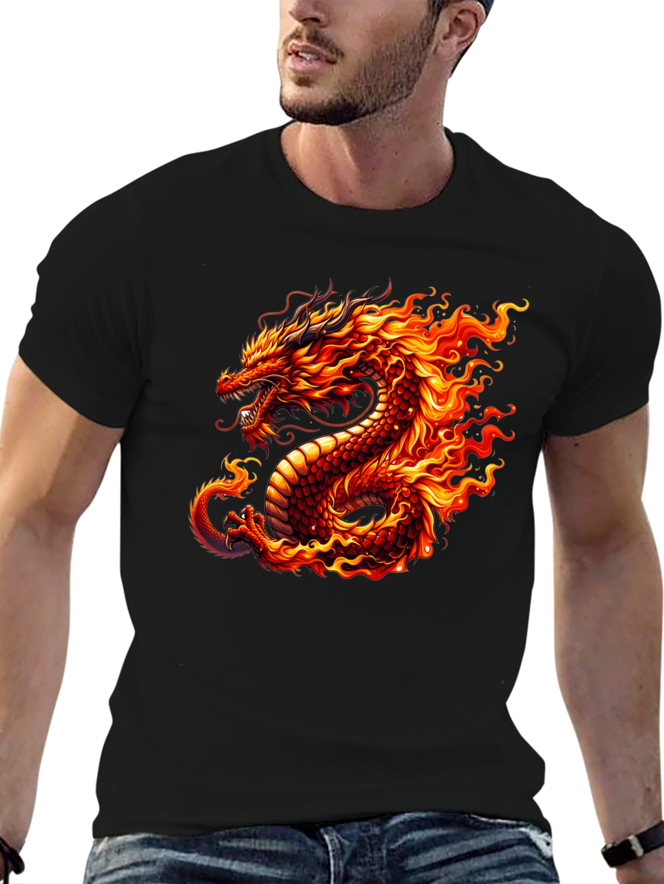 Fiery Dragon Graphic Tee - Black Cotton T-Shirt - 6