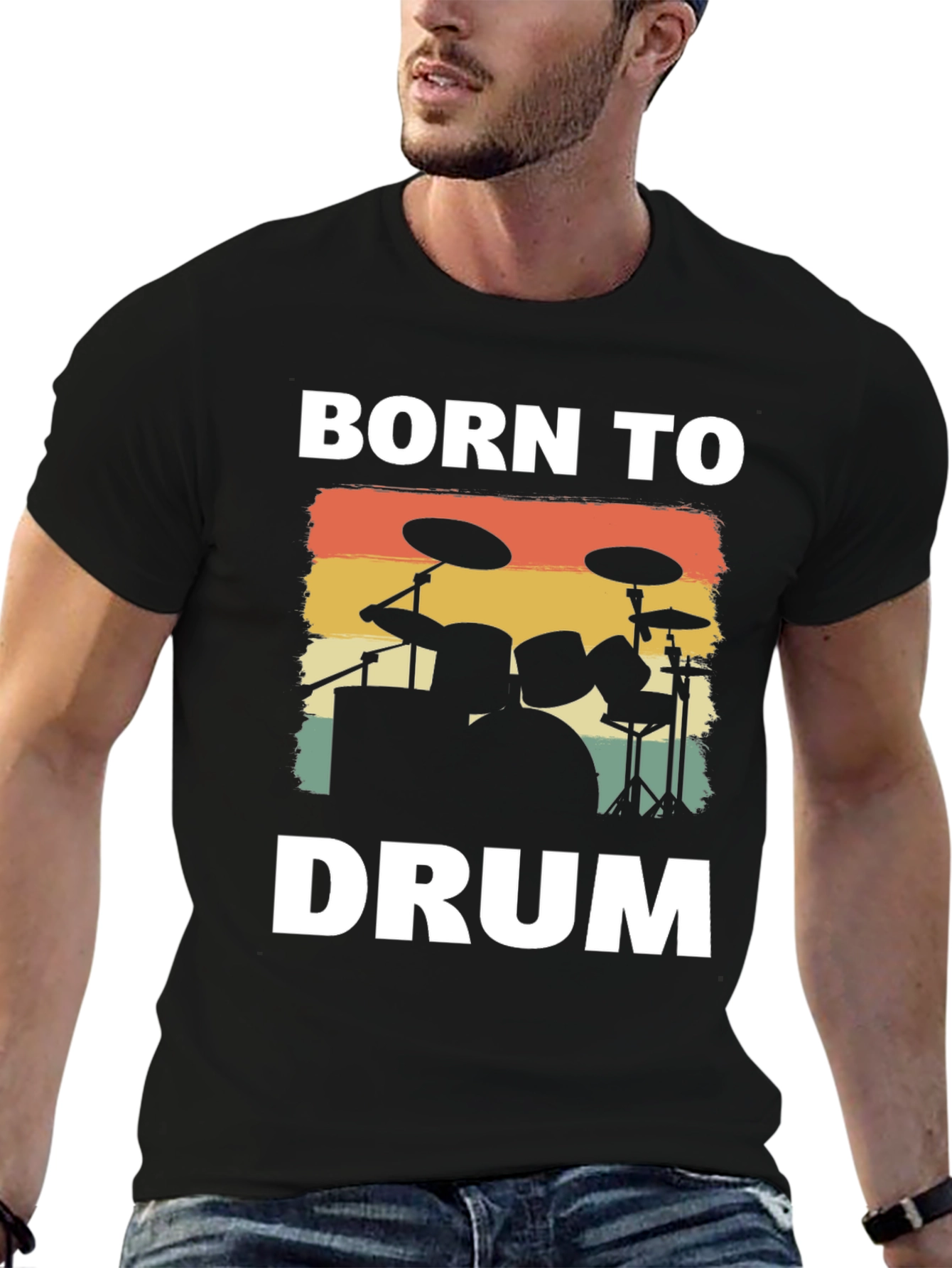Black Born to Drum T-Shirt - Retro Drummer Tee view 6