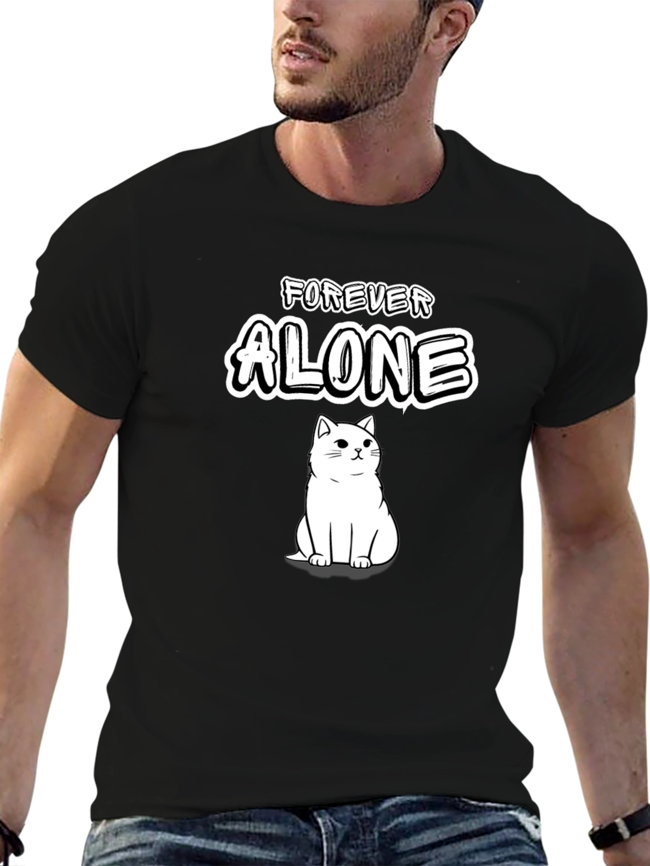 Black Forever Alone Cat T-Shirt - Soft Cotton Tee view 6