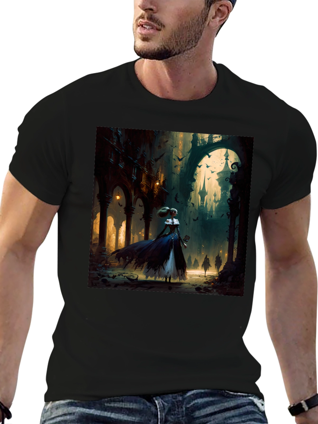 Black Gothic Fantasy T-Shirt - Dark Castle Design view 6