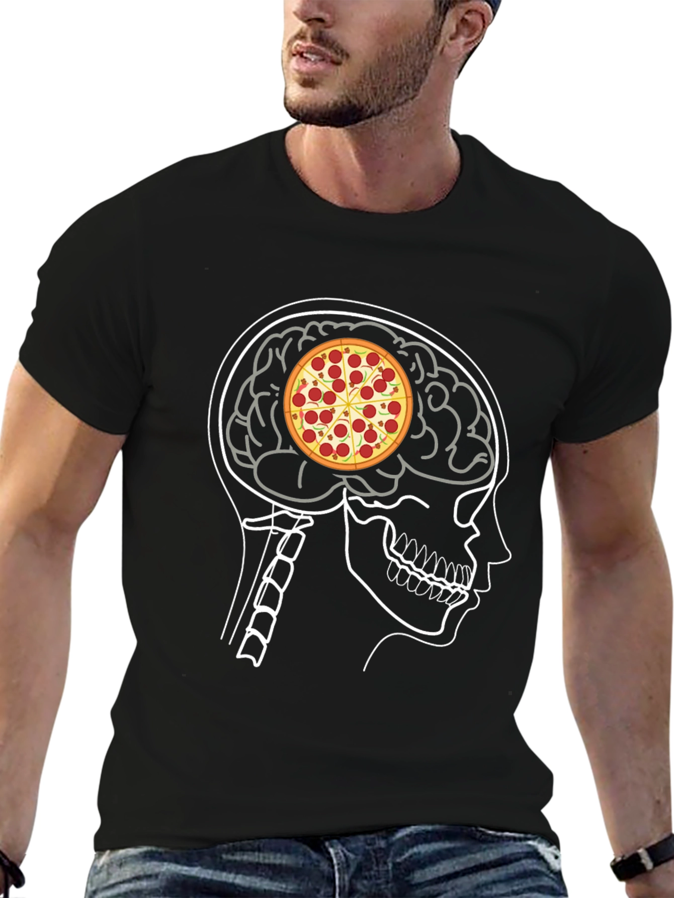 Black Pizza Brain T-Shirt: Foodie Mind Black Tee view 6