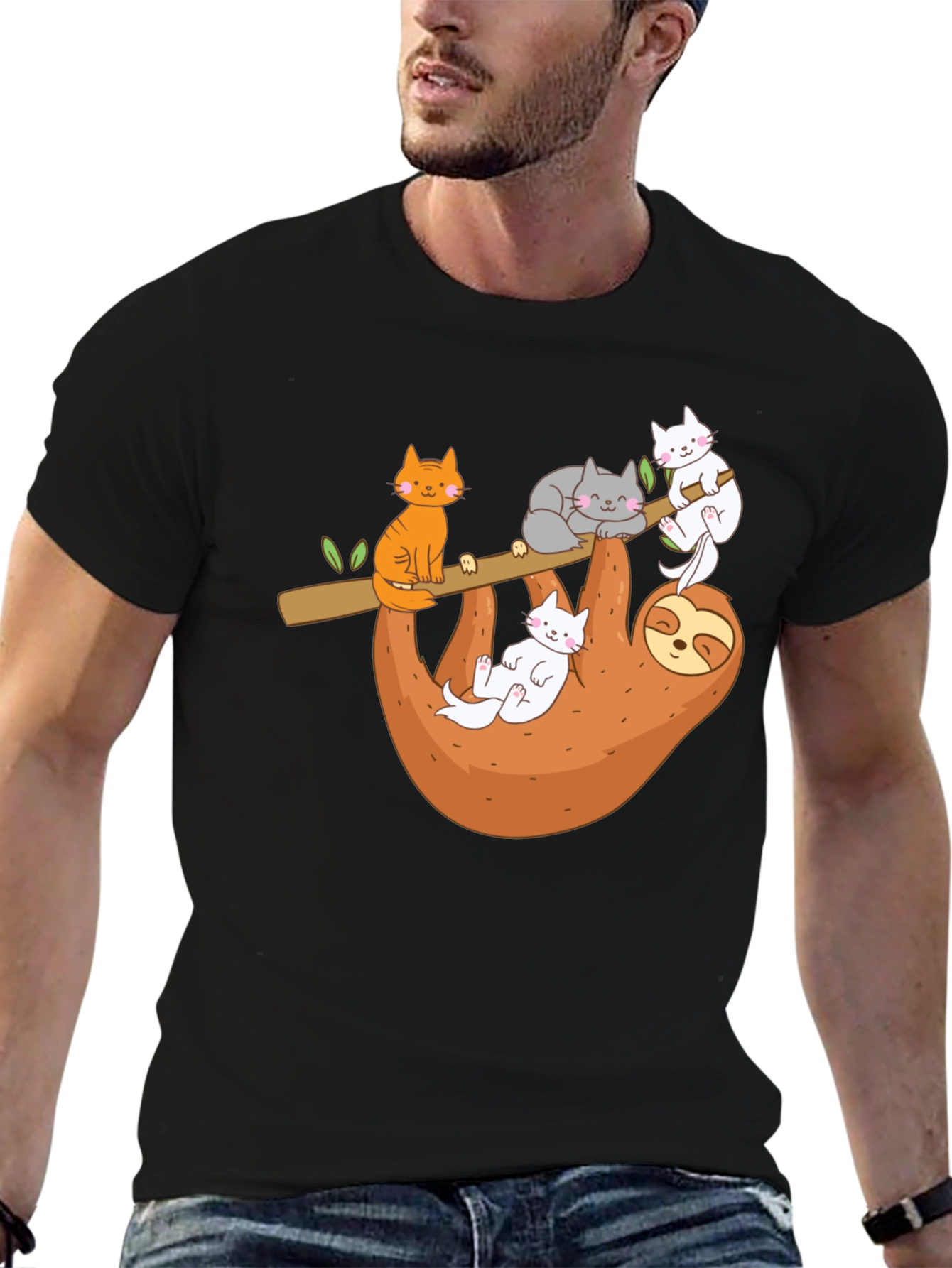 Black Sloth & Cats Graphic Tee - Relaxed Style view 6