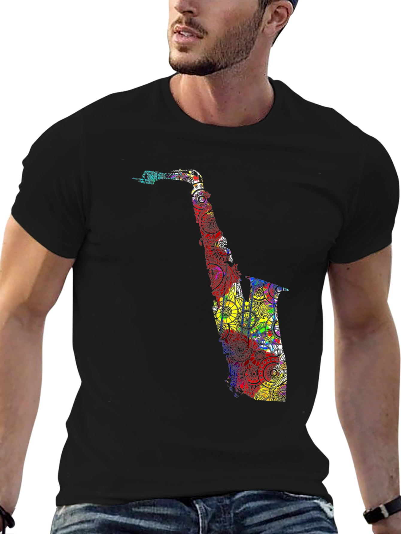 Black Colorful Saxophone Graphic T-Shirt - Black view 6