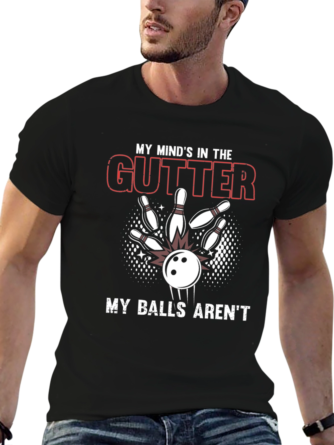 Black Funny Bowling T-Shirt - Mind In The Gutter view 6