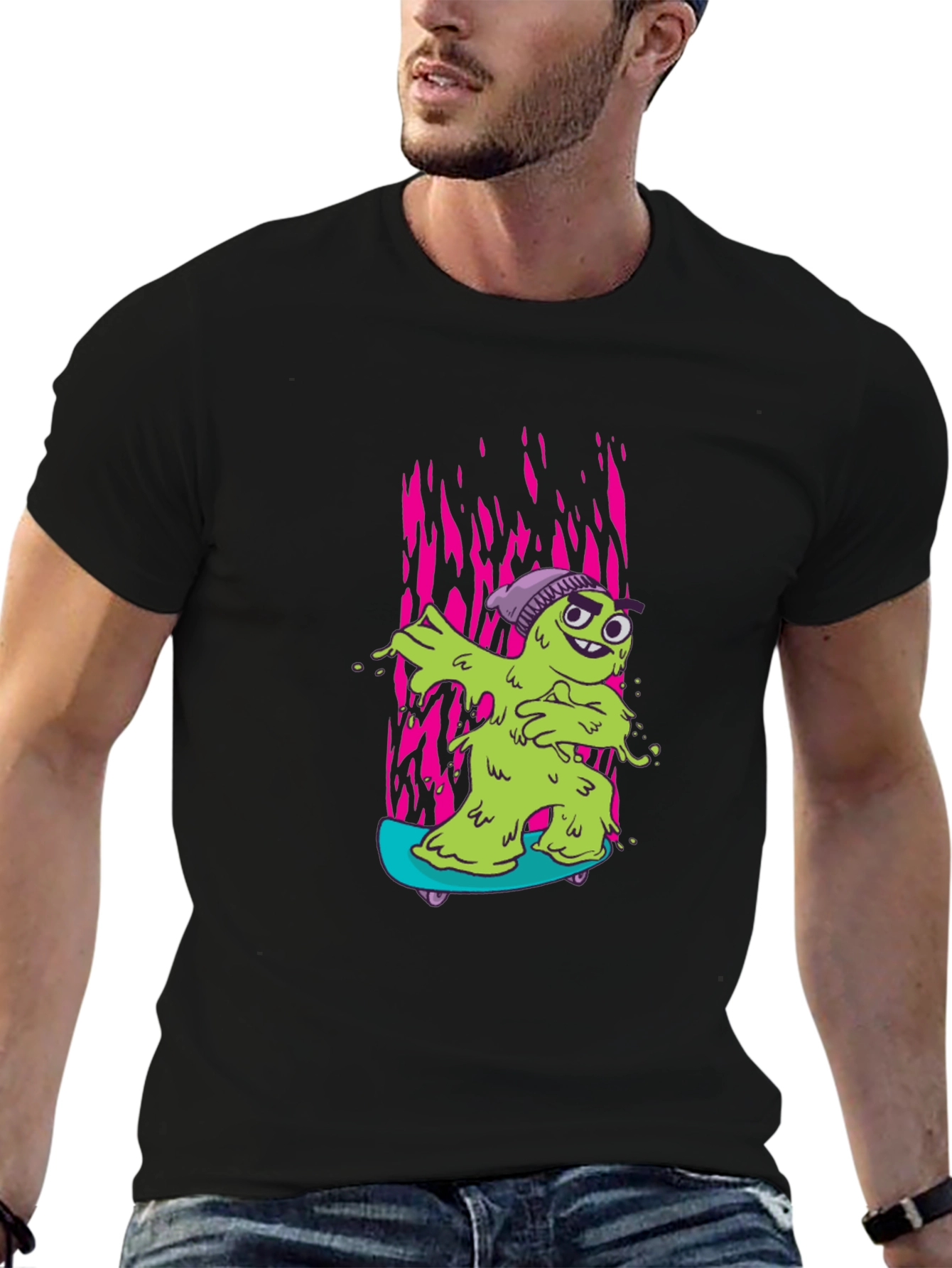 Black Cartoon Slime Monster Skateboard Graphic T-Shirt view 6