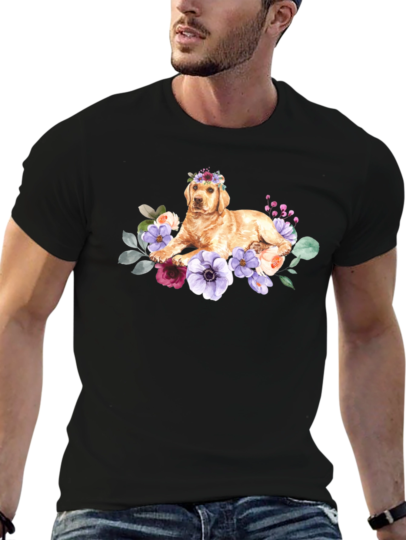 Black Golden Retriever Floral Crown T-Shirt view 6