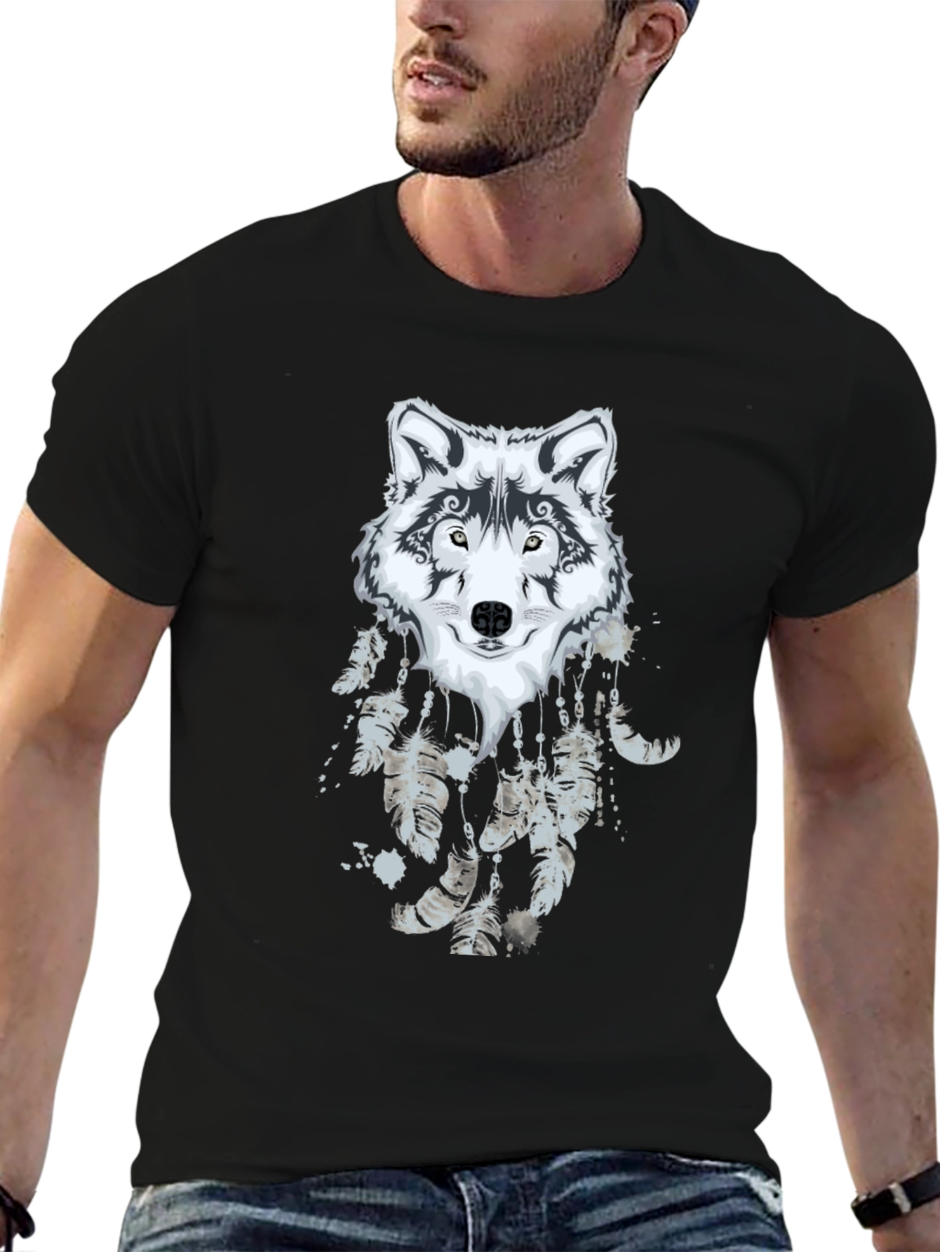 Black Wolf Dreamcatcher Graphic Black T-Shirt view 6