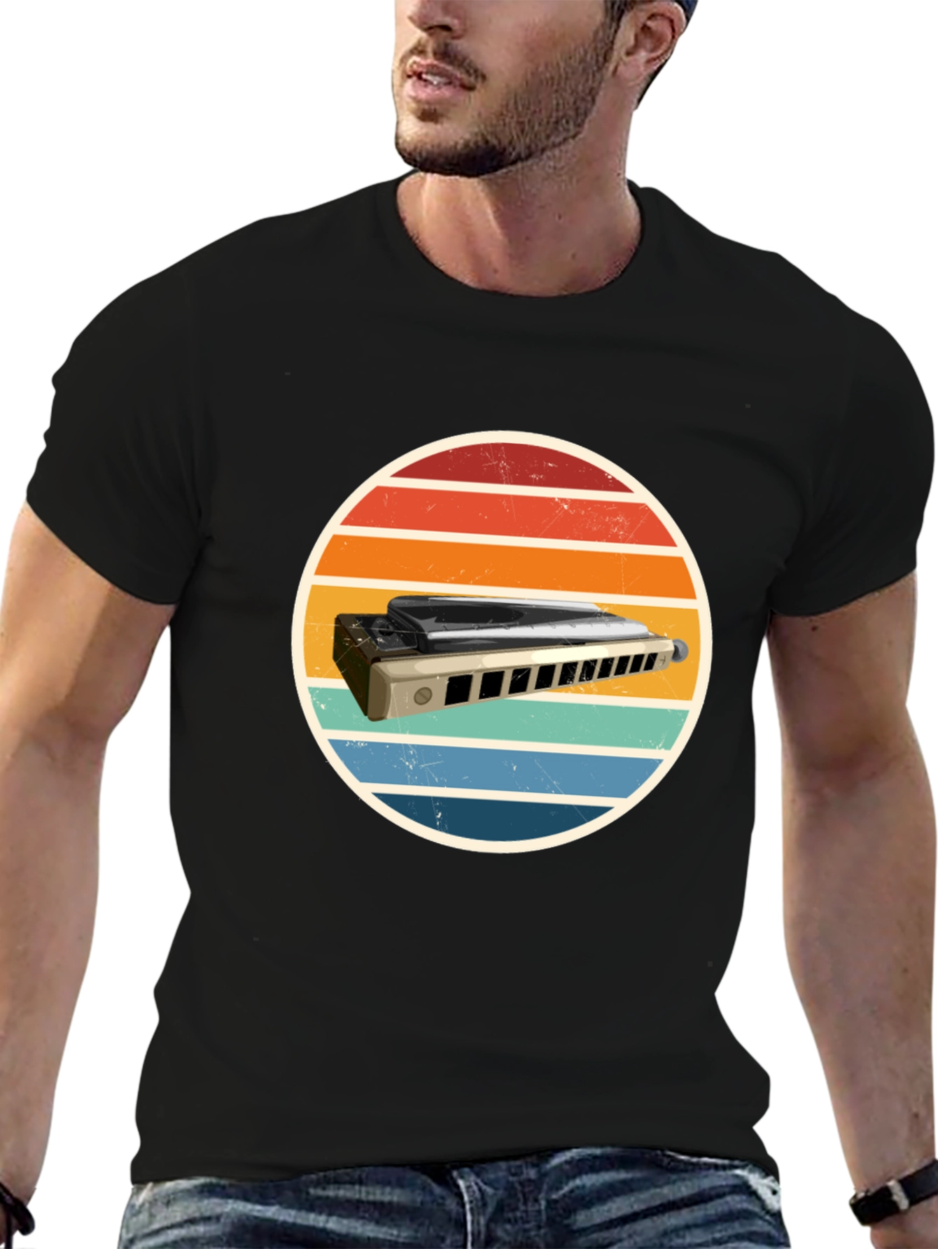 Black Retro Harmonica T-Shirt - Vintage Music Tee view 6