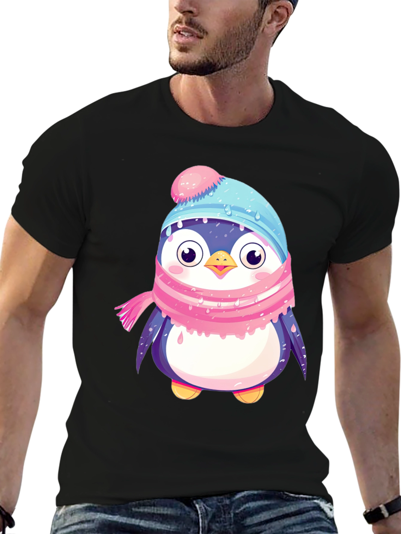 Black Cute Penguin Winter Hat Scarf T-Shirt view 6