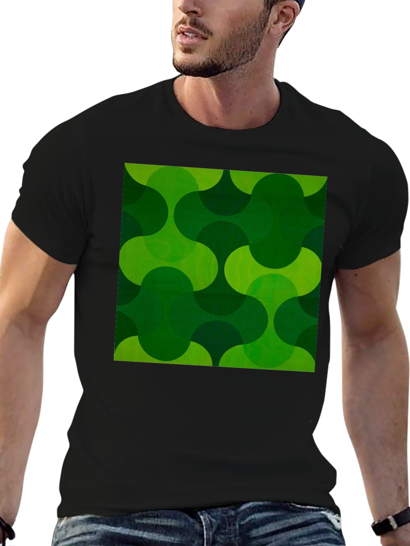 Black Retro Green Geometric Print Black T-Shirt view 6