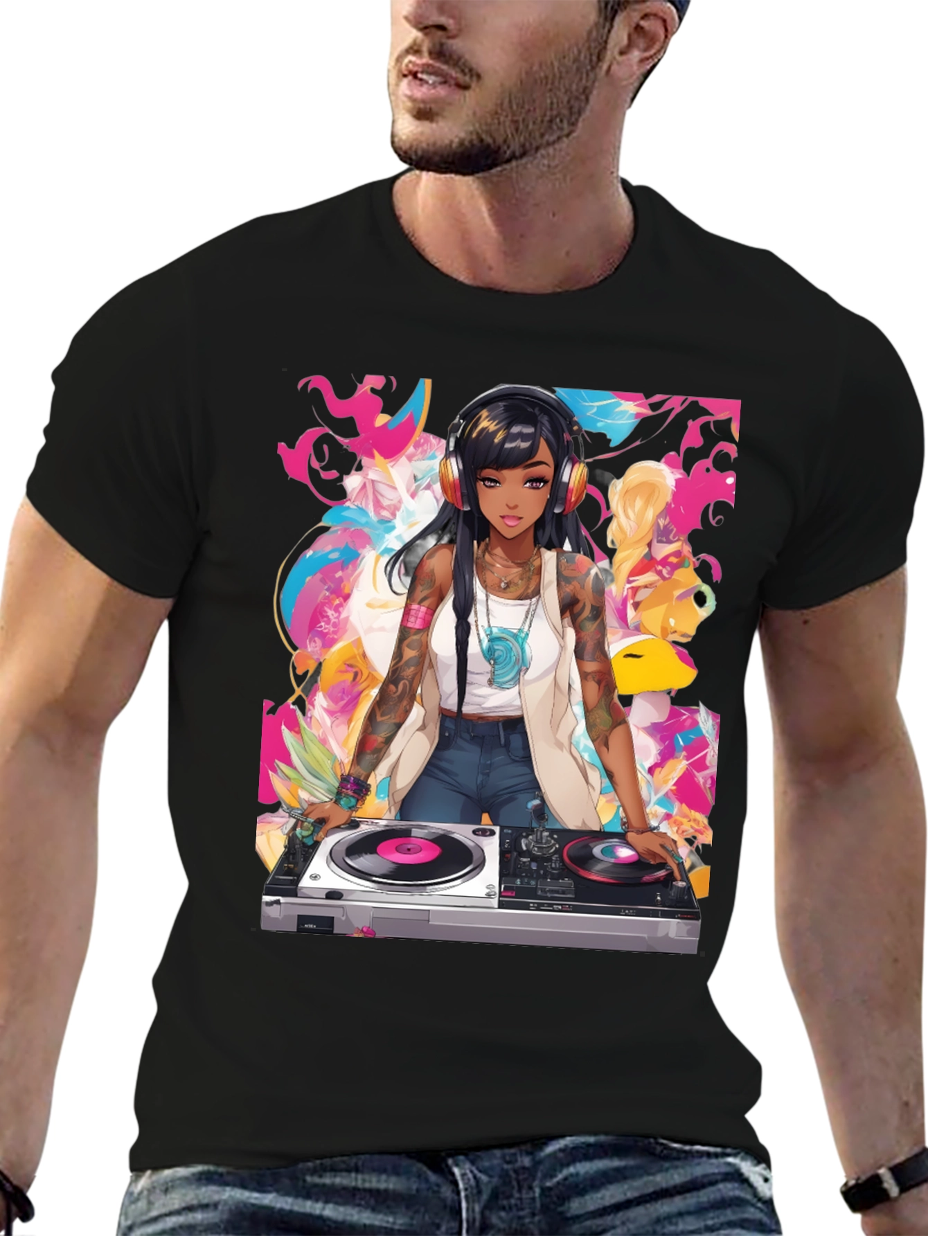 Black DJ Anime Graphic Tee - Cool Black T-Shirt view 6