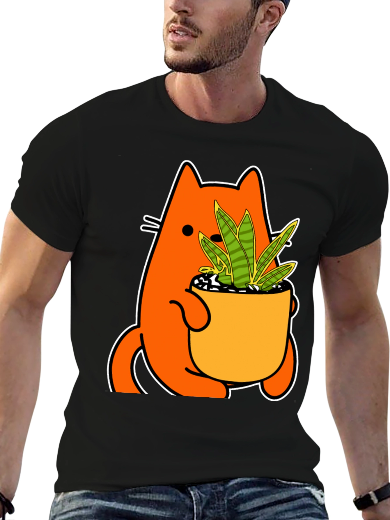 Black Cat Holding Potted Plant Graphic Tee view 6
