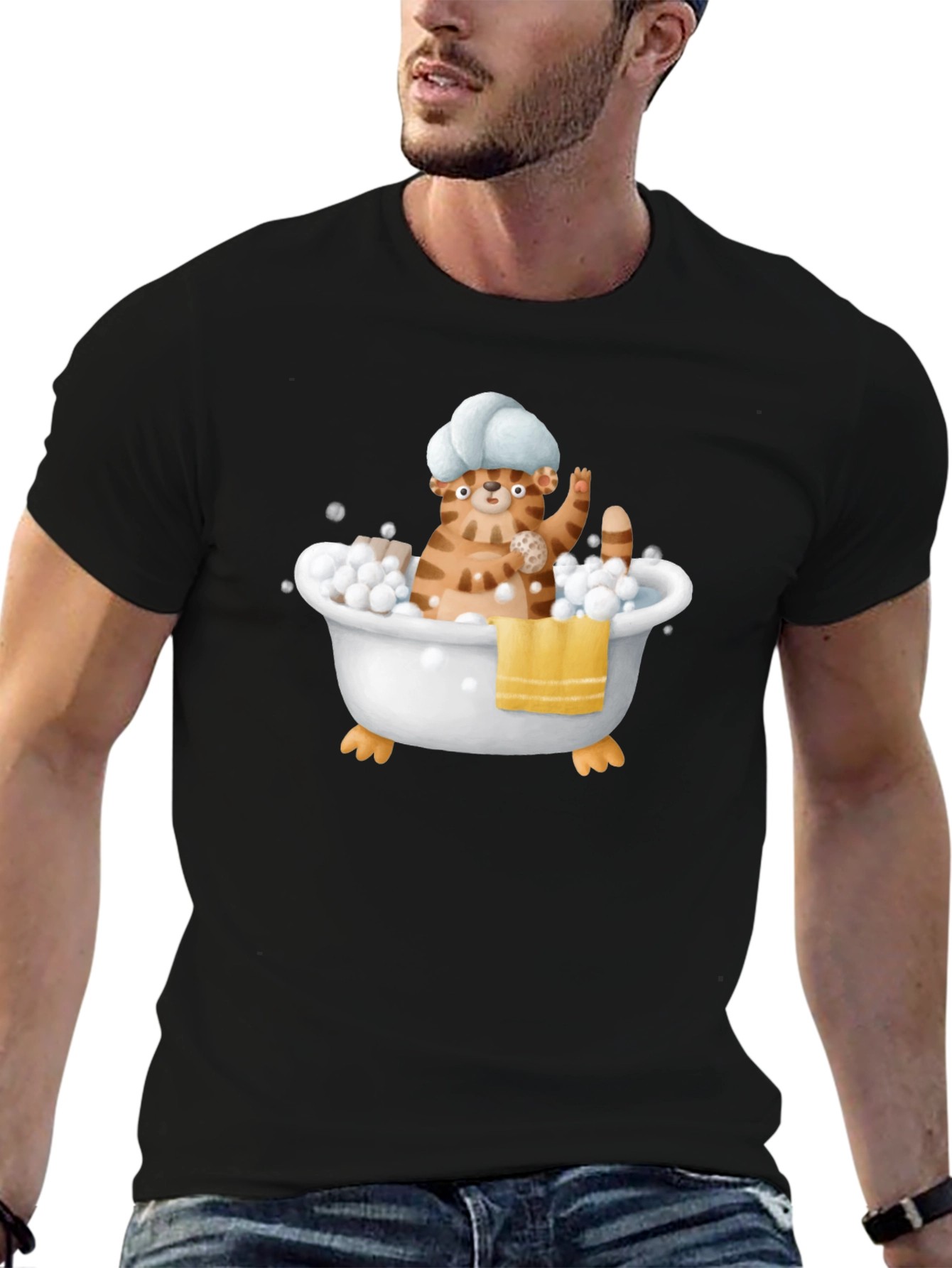Black Funny Cat in Tub T-Shirt view 6