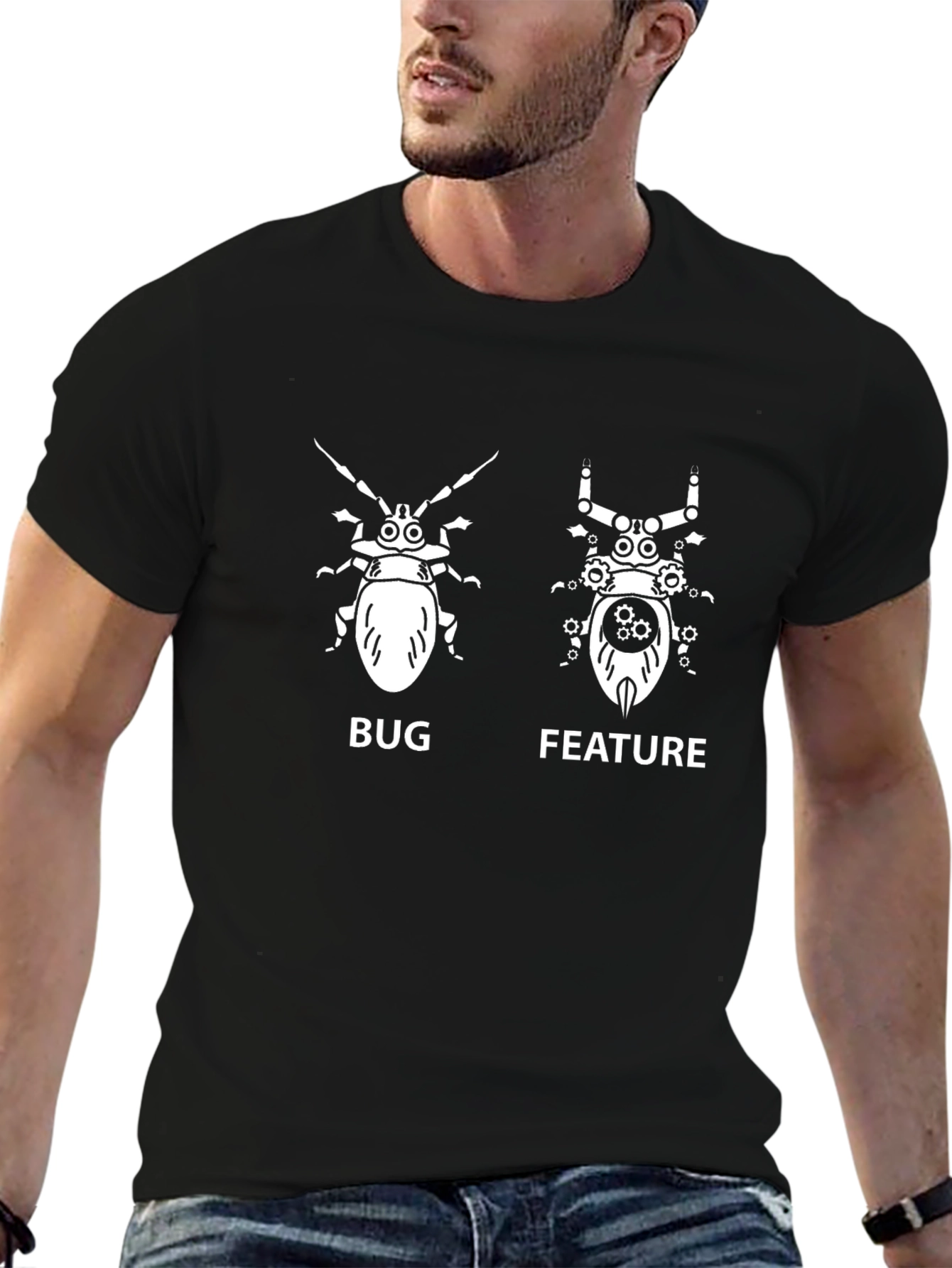 Black Bug vs Feature Programmer Humor T-Shirt view 6