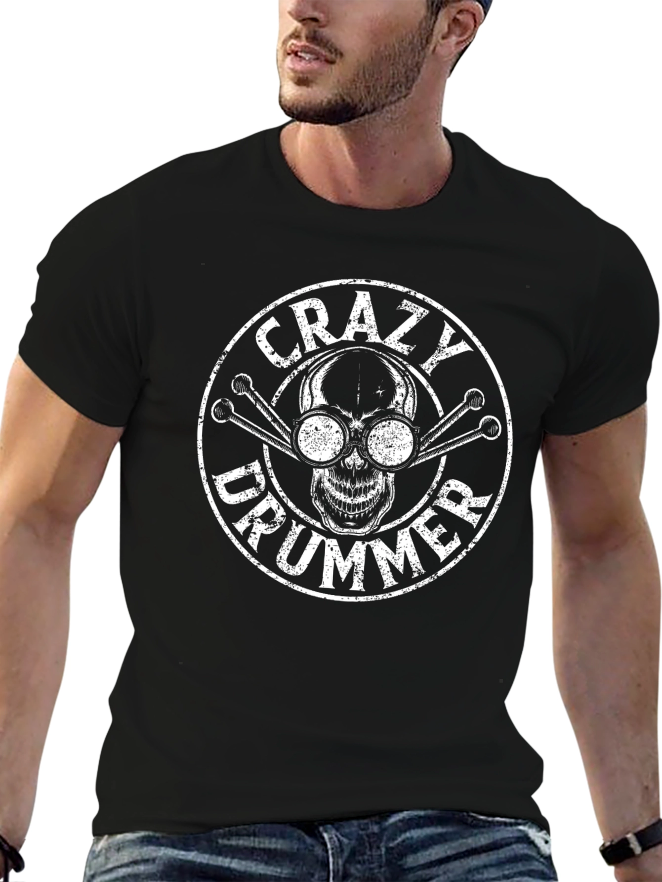 Black Crazy Drummer Skull Graphic Tee - Black Cotton Shirt view 6
