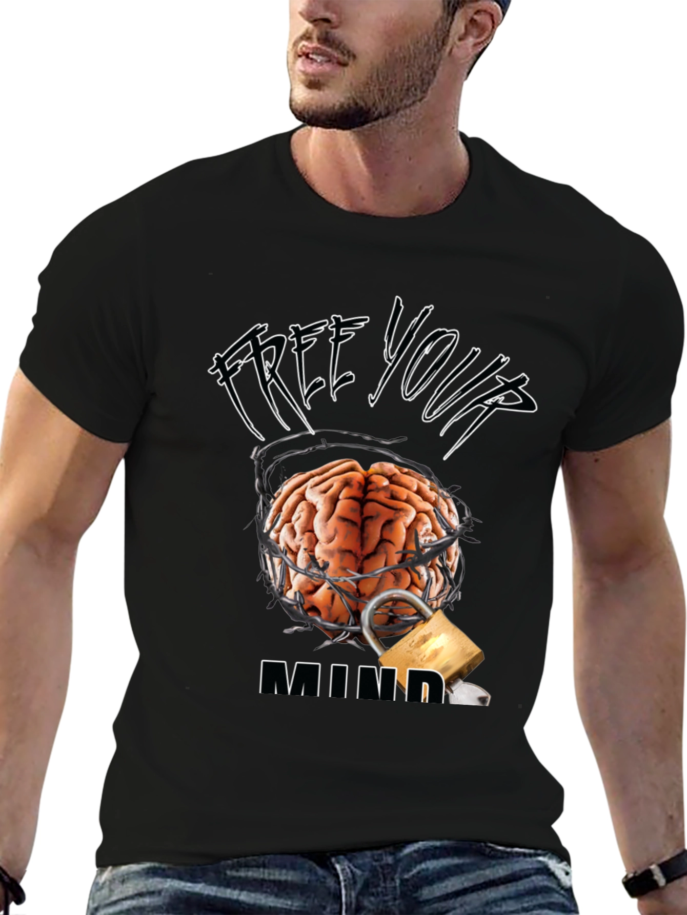 Black Free Your Mind Graphic Tee - Brain & Lock Design view 6