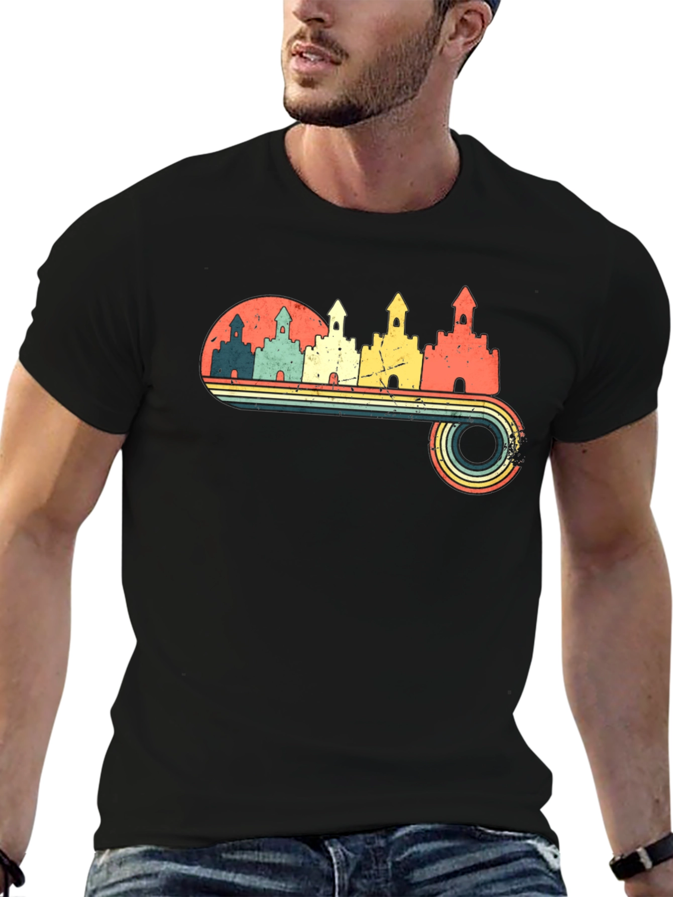 Black Retro Castle Graphic Tee - Vintage Style T-Shirt view 6