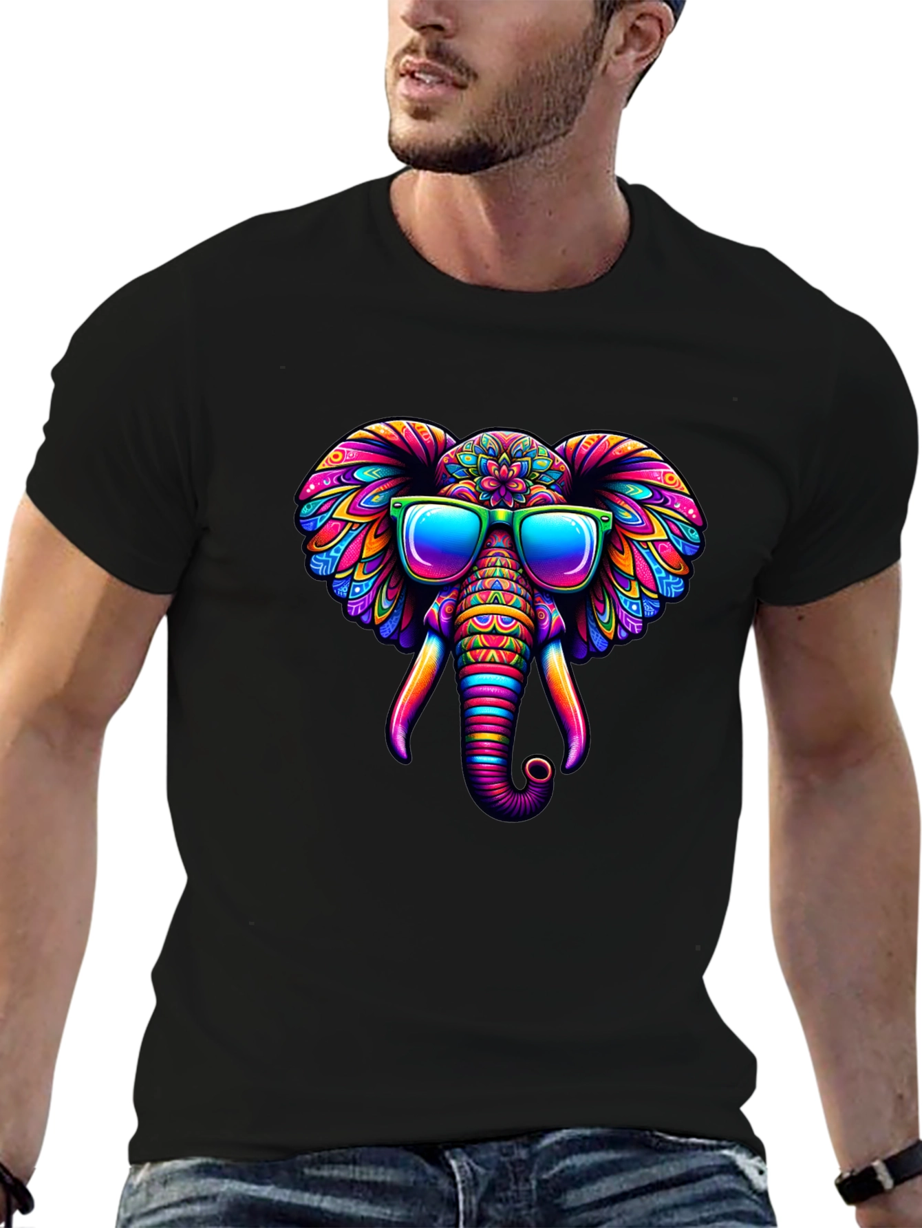 Black Cool Elephant T-Shirt: Colorful Design view 6