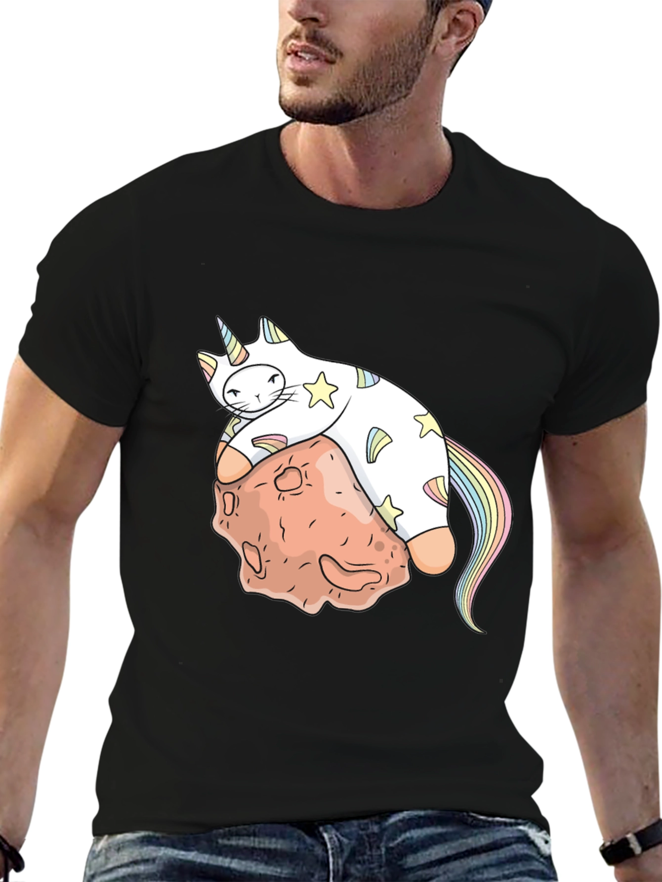 Black Unicorn Cat on Asteroid Graphic T-Shirt view 6