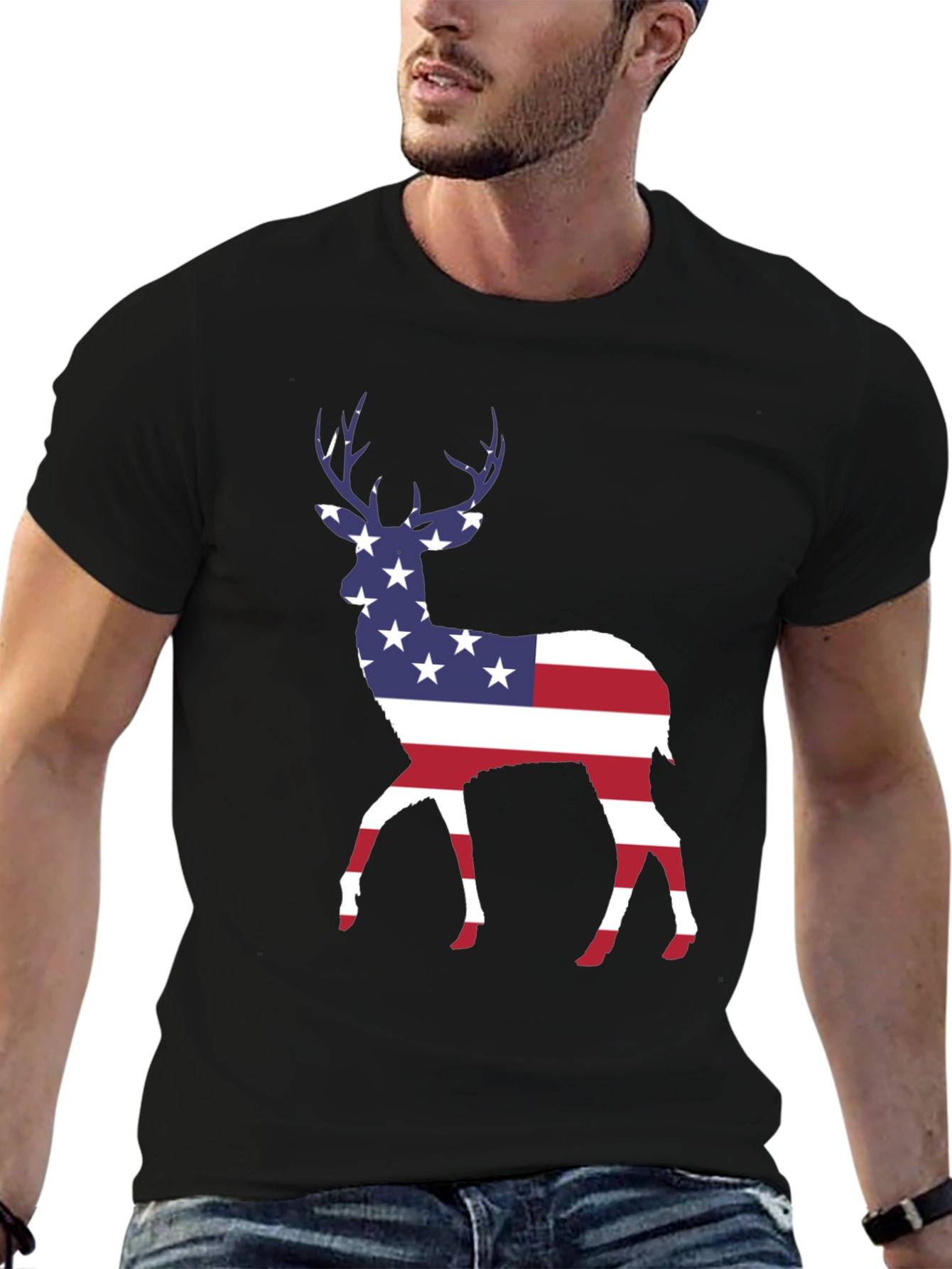 Black American Flag Deer T-Shirt - Patriotic Style view 6