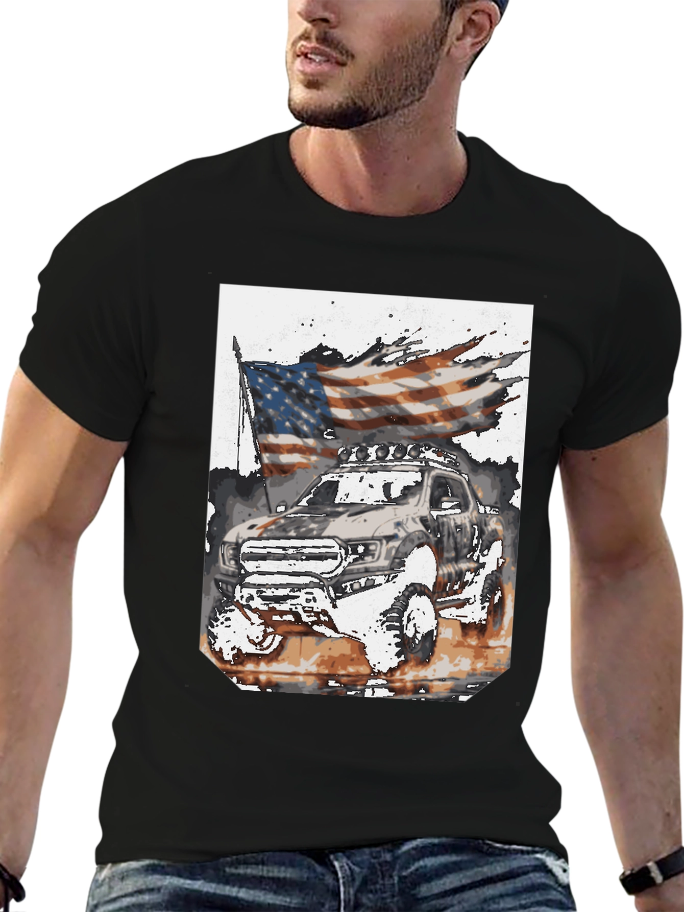 Black American Flag Truck Graphic Tee view 6