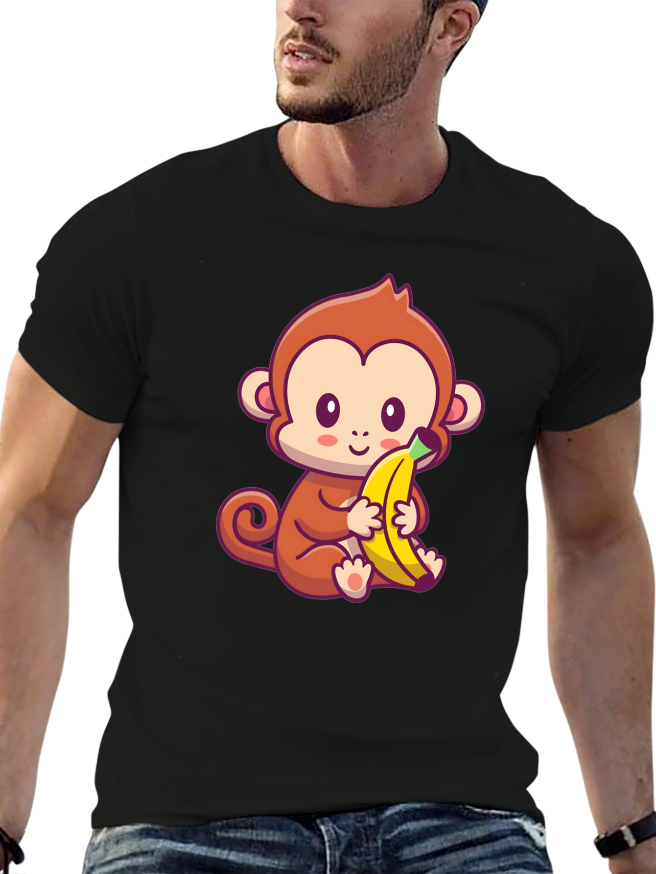 Cute Monkey Banana Graphic Black T-Shirt - 6