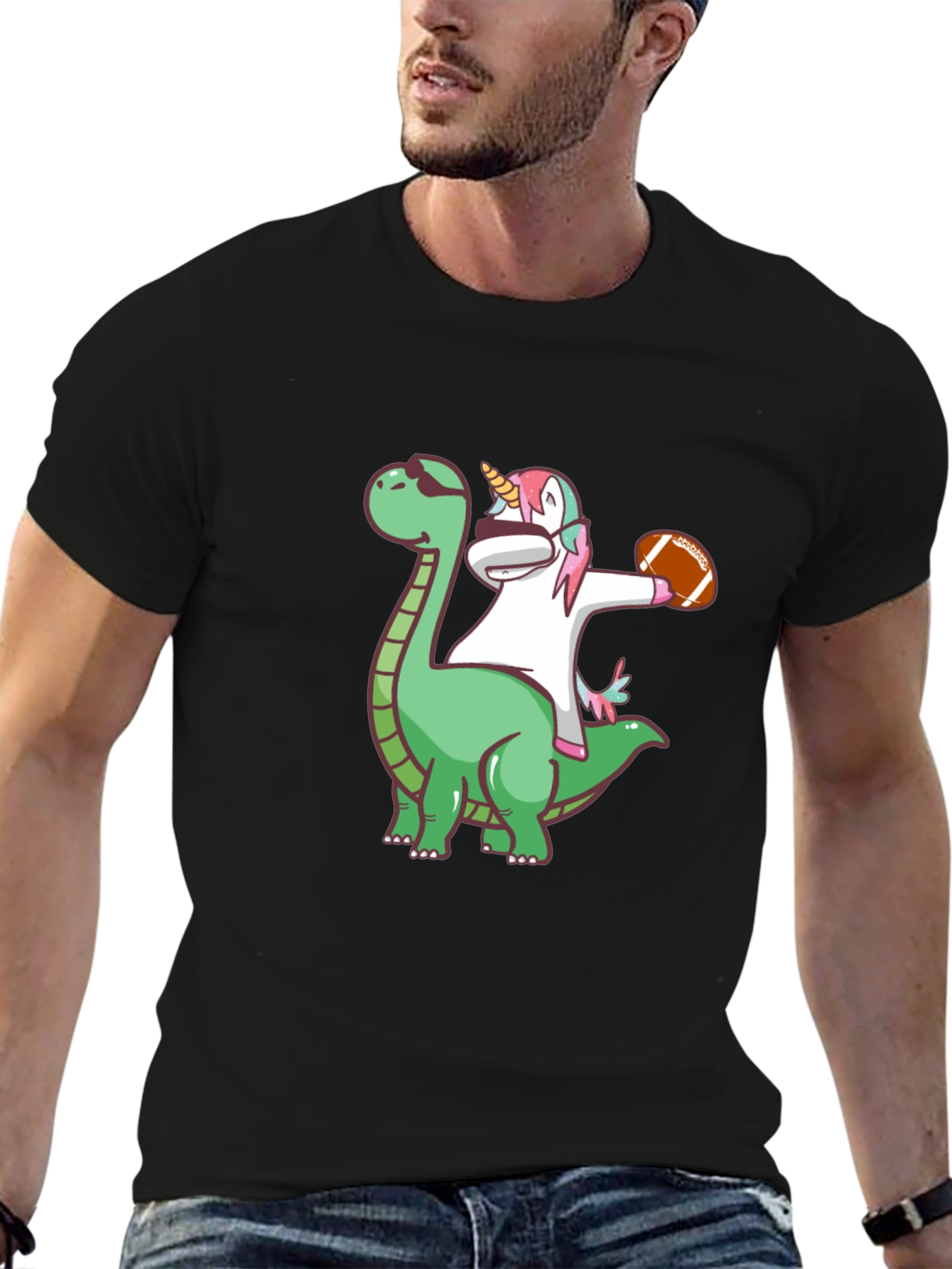 Black Dino Unicorn Football T-Shirt view 6