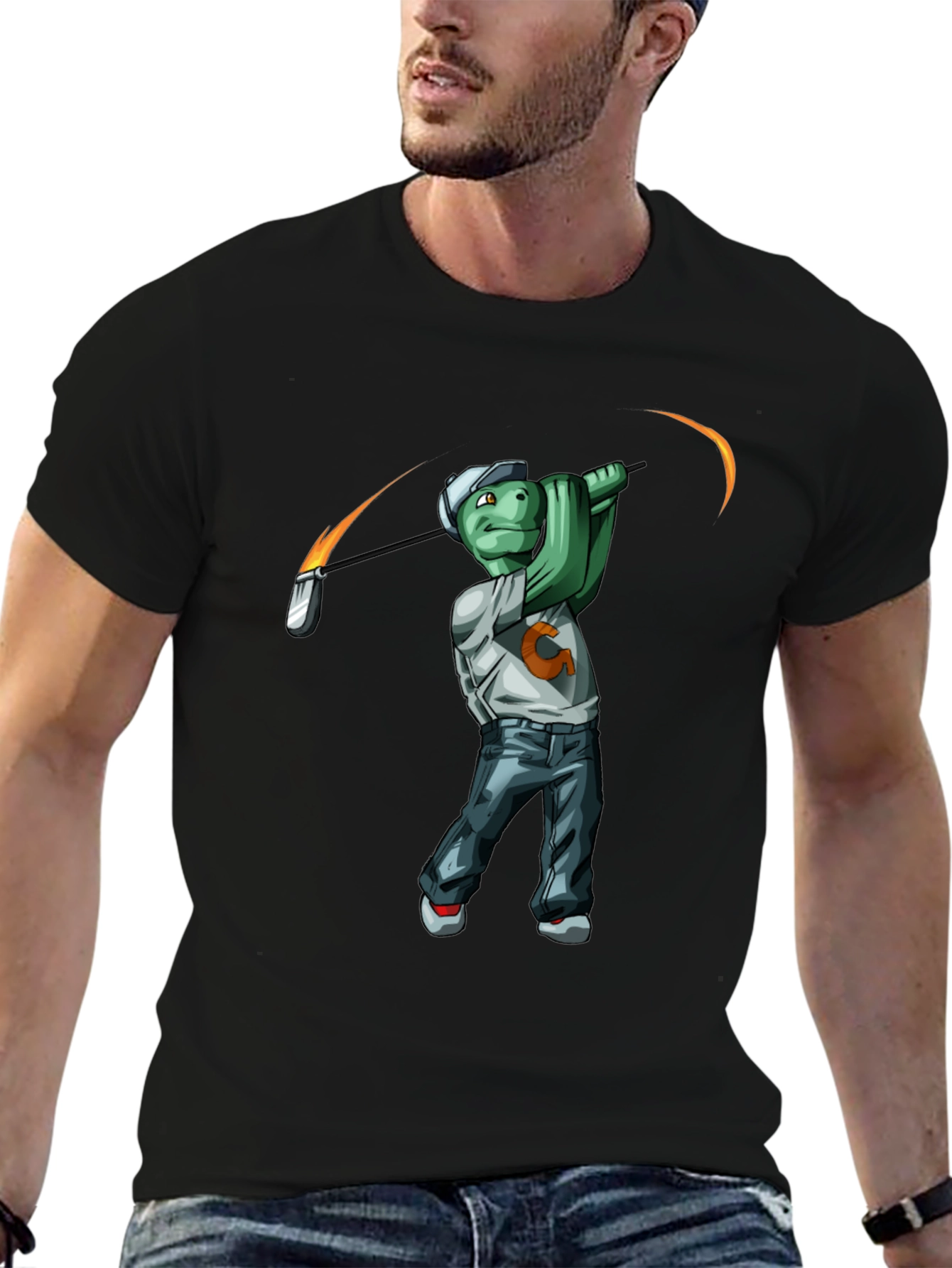 Black Golfing Turtle Graphic T-Shirt - Funny Tee view 6