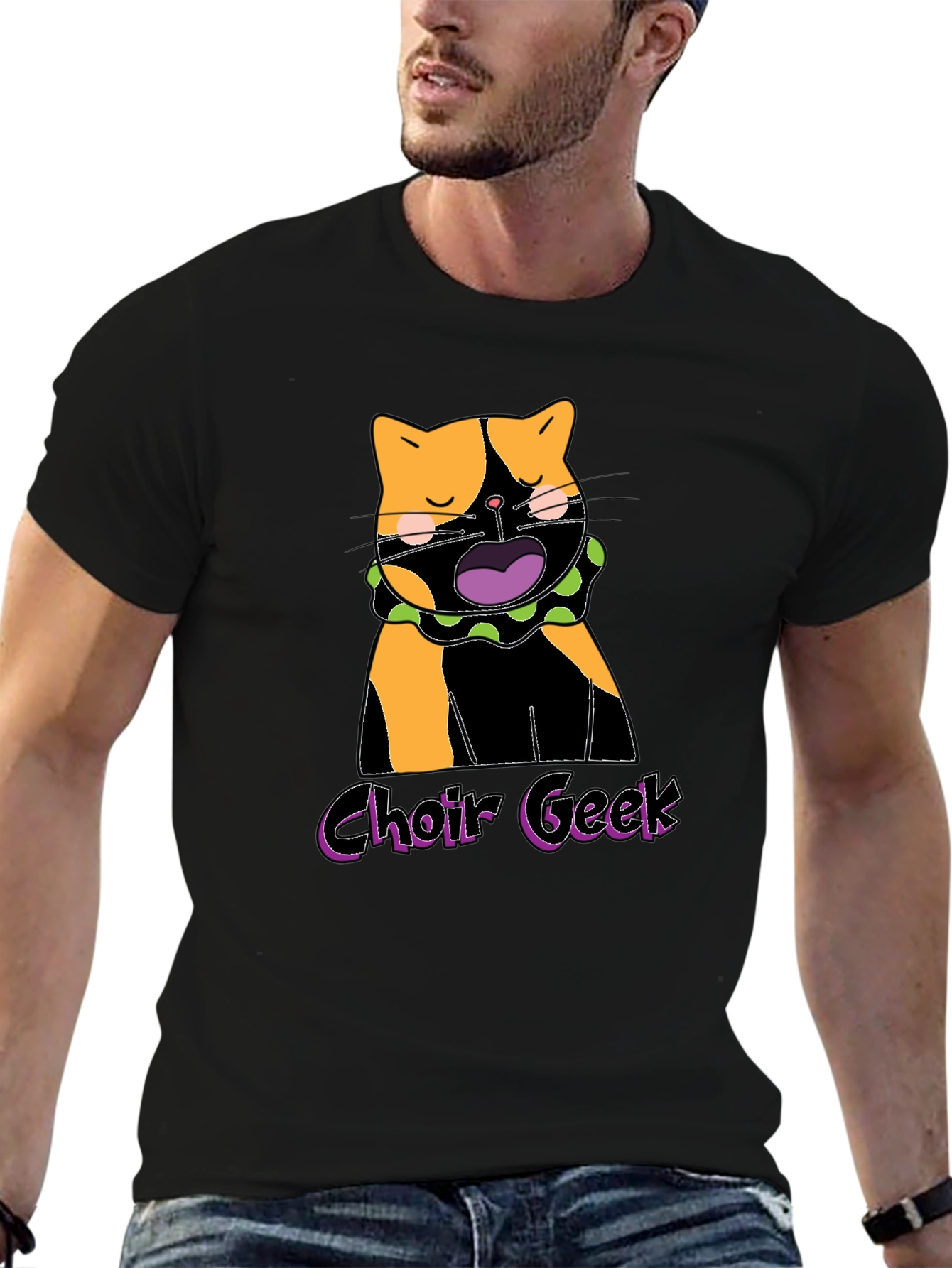 Black Choir Geek Cat Graphic Tee - Black Cotton T-Shirt view 6