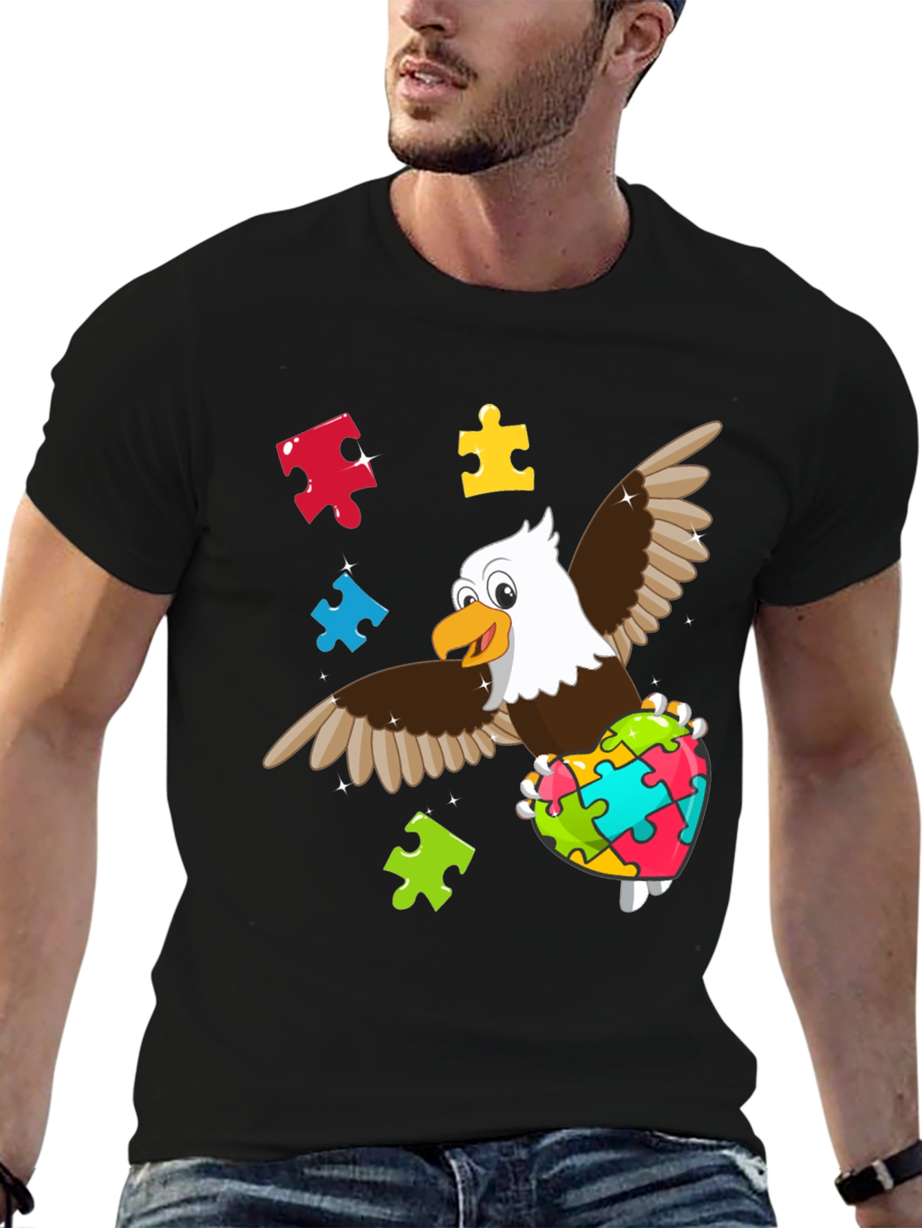 Black Autism Awareness Eagle T-Shirt view 6