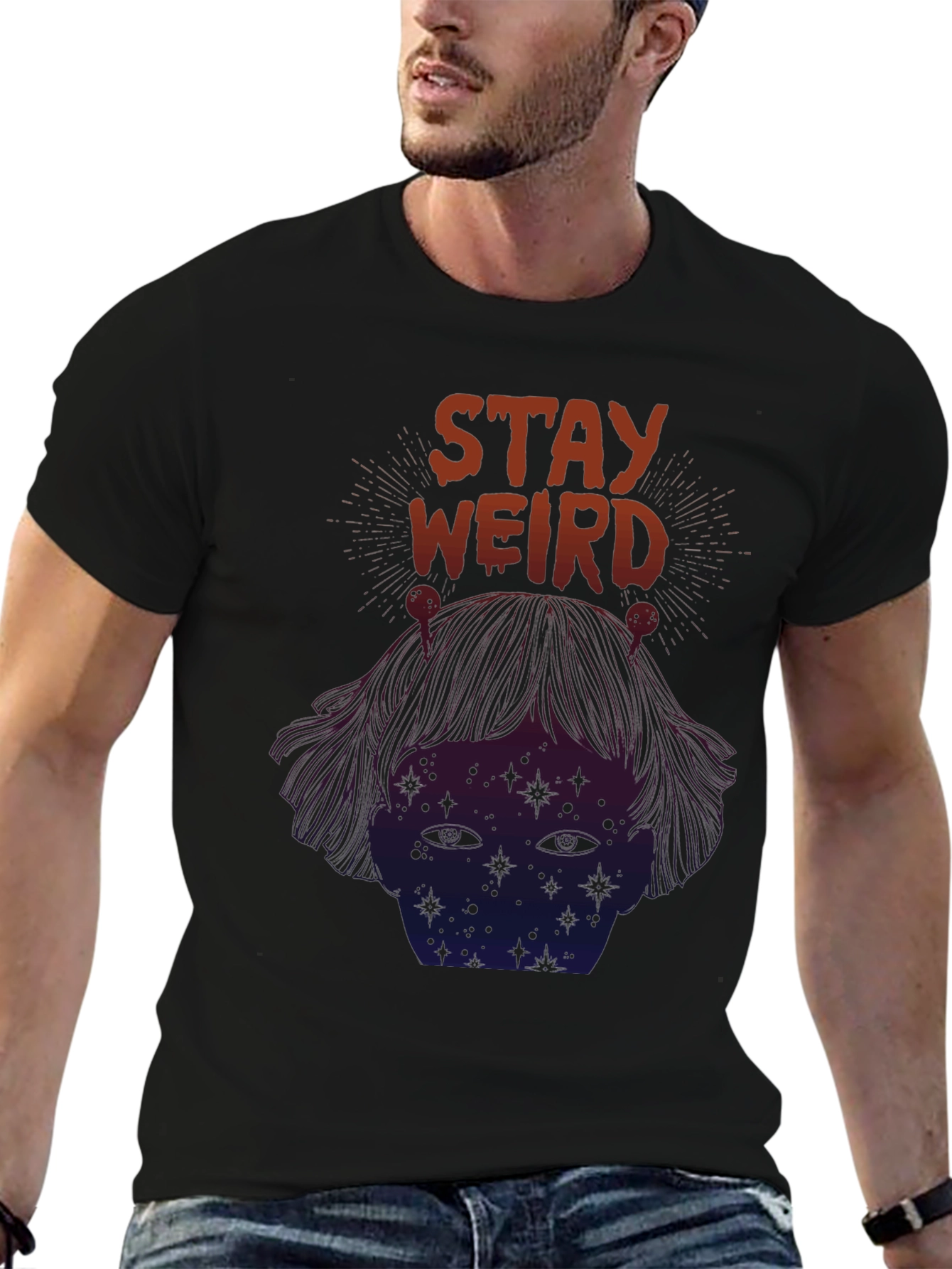 Black Stay Weird Graphic Tee - Black Short Sleeve Unisex T-Shirt view 6