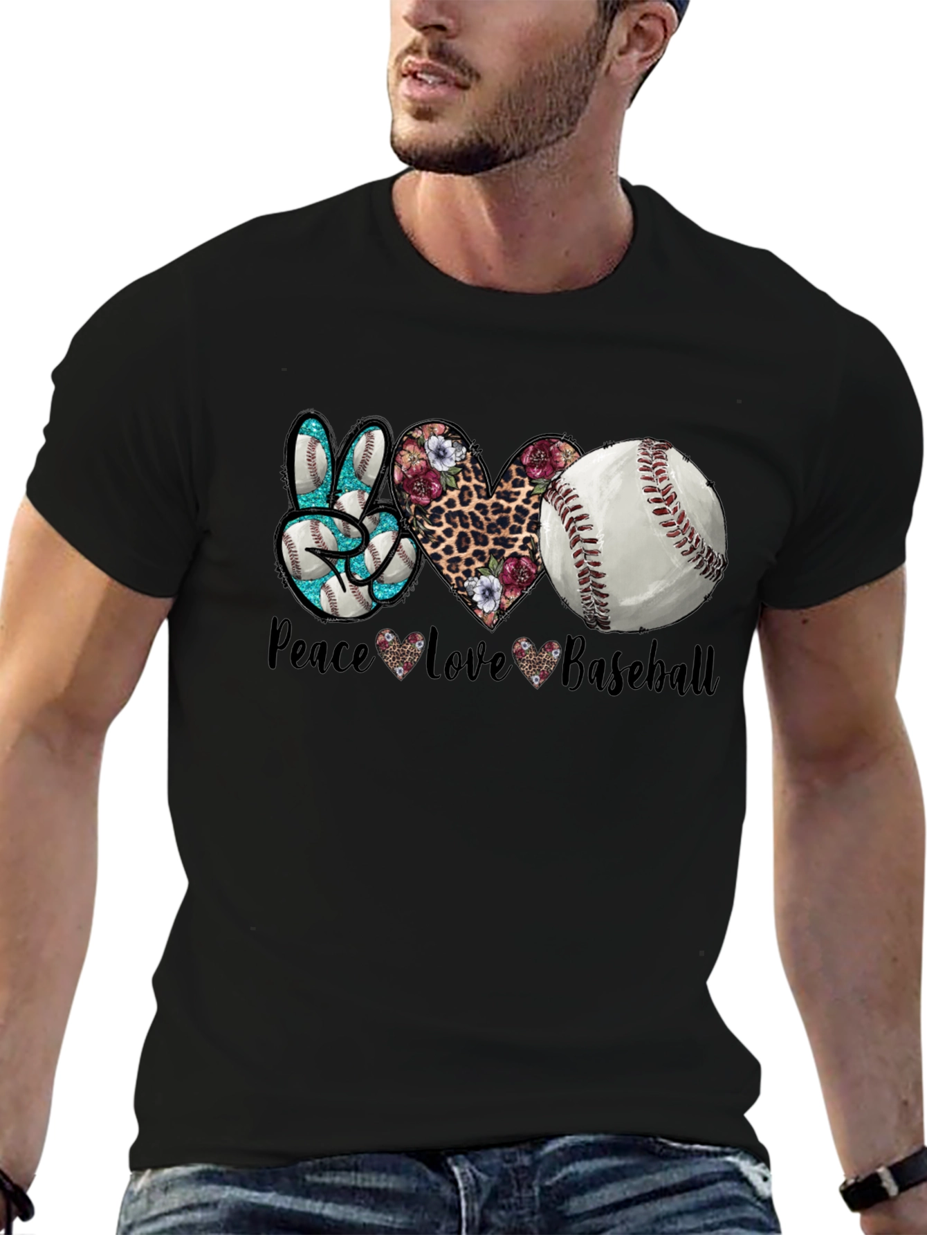 Black Peace Love Baseball Graphic T-Shirt view 6
