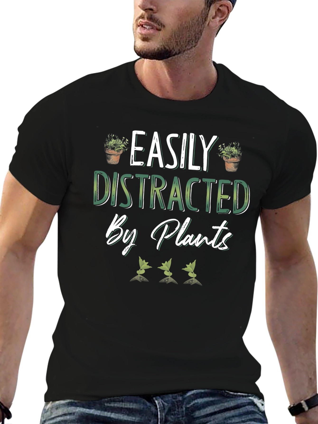 Black Easily Distracted by Plants Black T-Shirt view 6