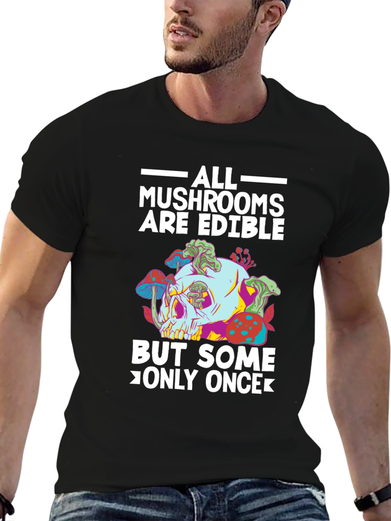Black Mushroom Skull T-Shirt - Edible Joke Tee view 6