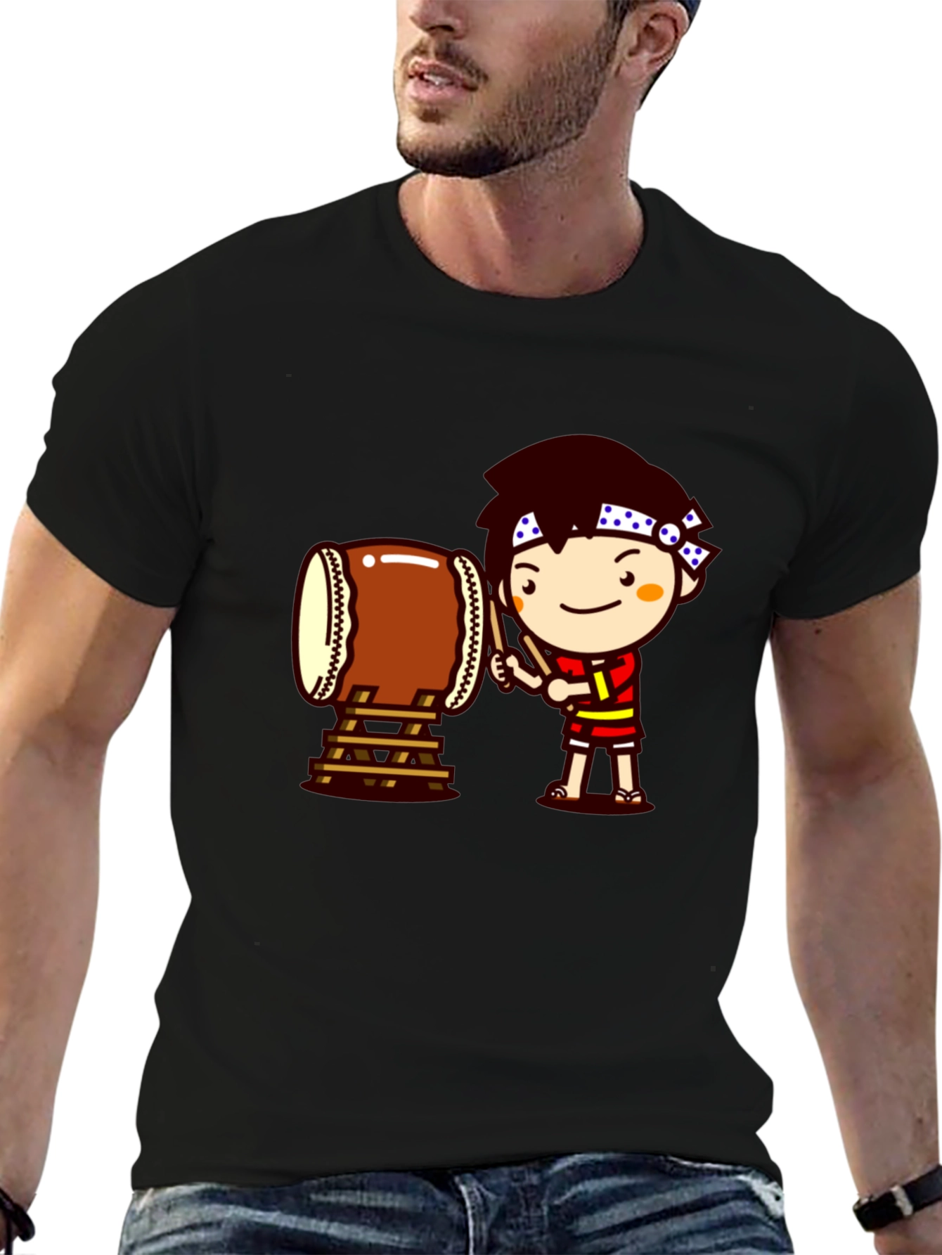 Black Black T-Shirt with Drummer Cartoon Graphic view 6