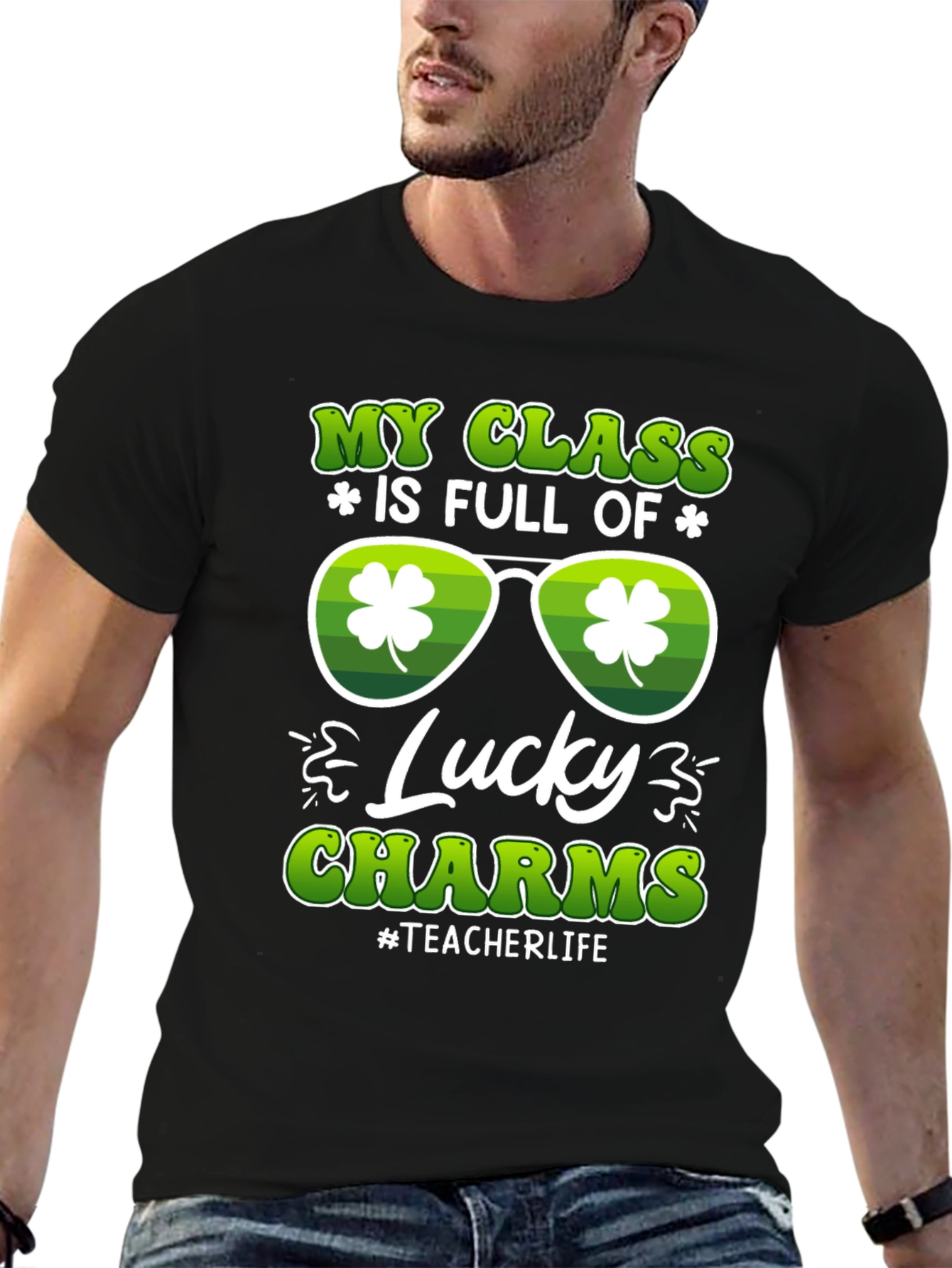 Black St. Patrick's Day Teacher T-Shirt Lucky Charms view 6
