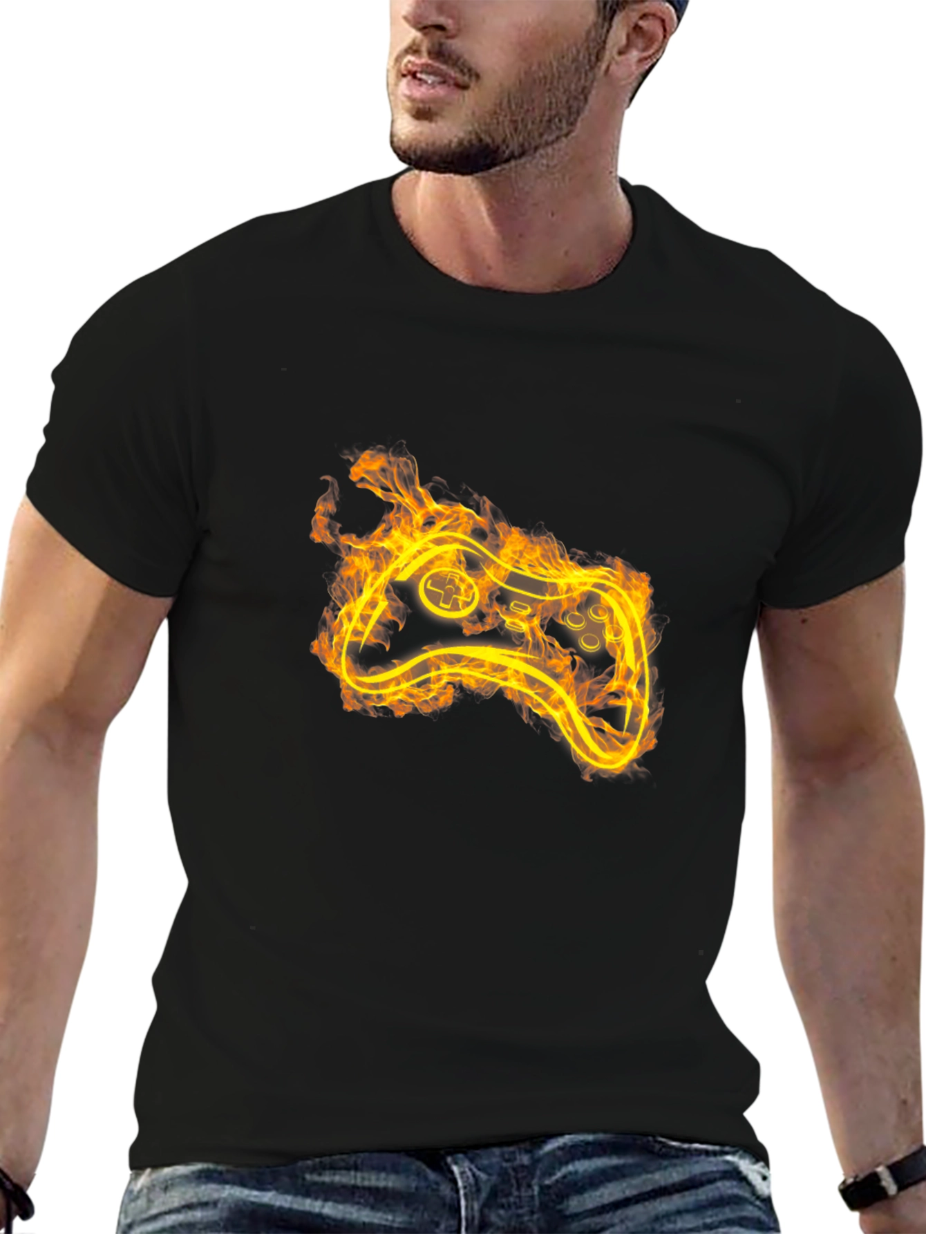 Black Fiery Game Controller Black T-Shirt view 6