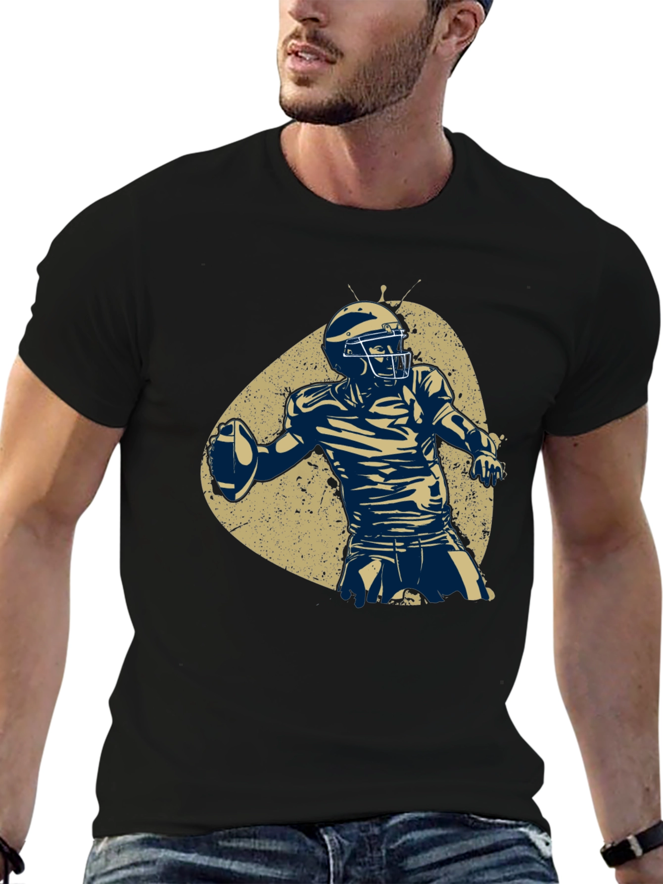 Black Football Player Graphic Tee - Black Cotton T-Shirt view 6