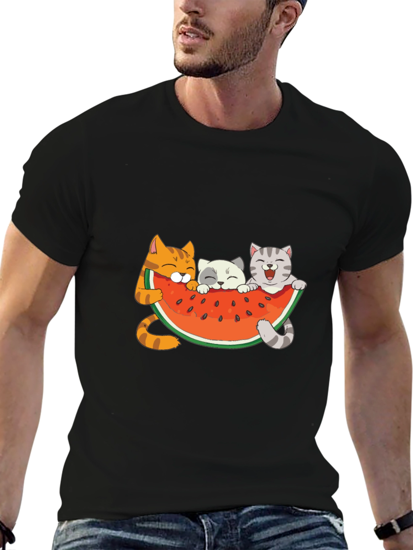 Black Cute Cats & Watermelon Graphic T-Shirt view 6