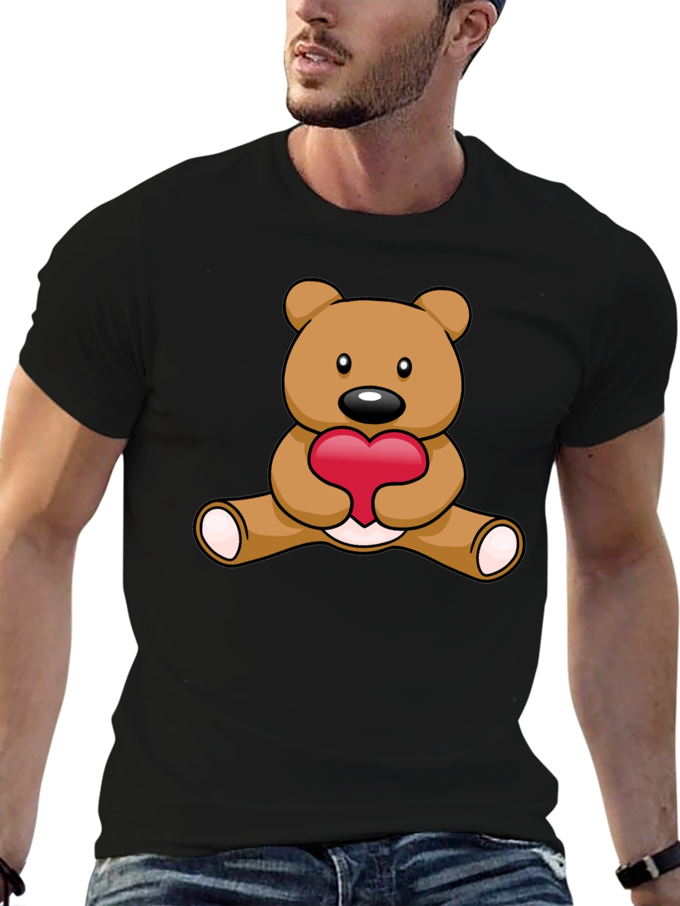 Black Cute Teddy Bear Heart Graphic T-Shirt view 6