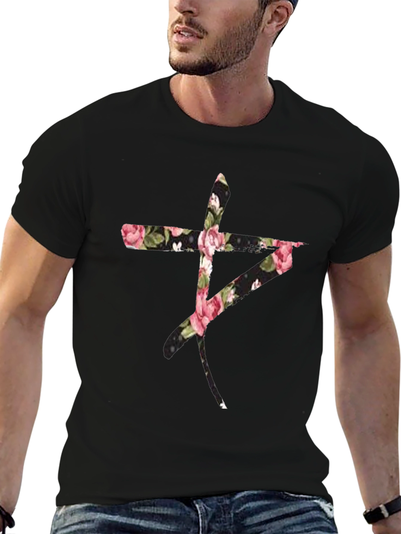 Black Floral Symbol Black T-Shirt view 6